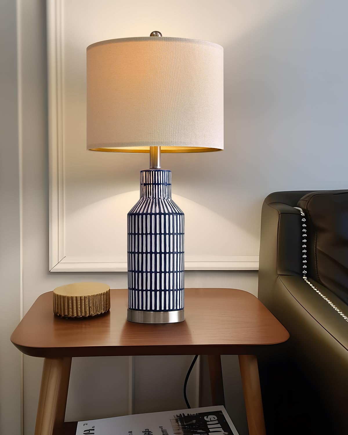 USumkky 25" Modern Ceramic Table Lamp - Blue, Farmhouse Style for Living Room & Bedroom, Model AMZ-T1114BL