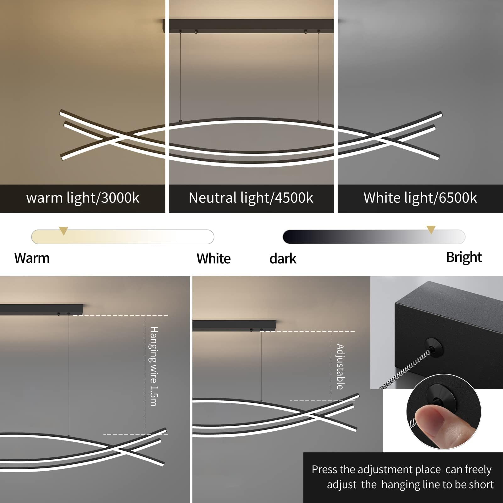 Matven Modern Chandelier, Linear Pendant Light, LED Dimmable, 47IN, Black, Model YGHS, Remote Control, Acrylic