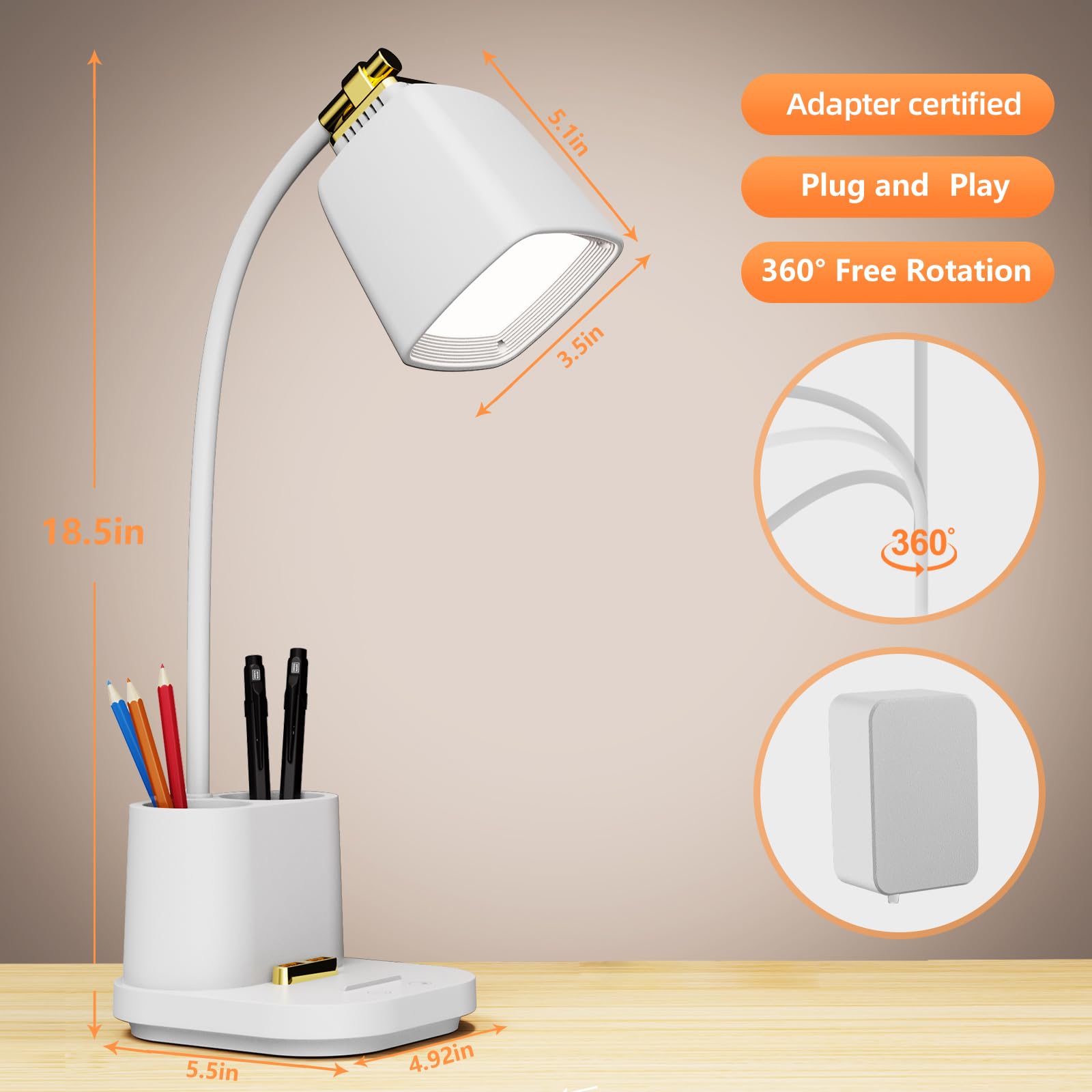 Gondsily Led Desk Lamp With Usb Charging Port Touch Control 3 Color Modes, Stepless Dimming,Eye-Caring Led Table Lamp For Home,O
