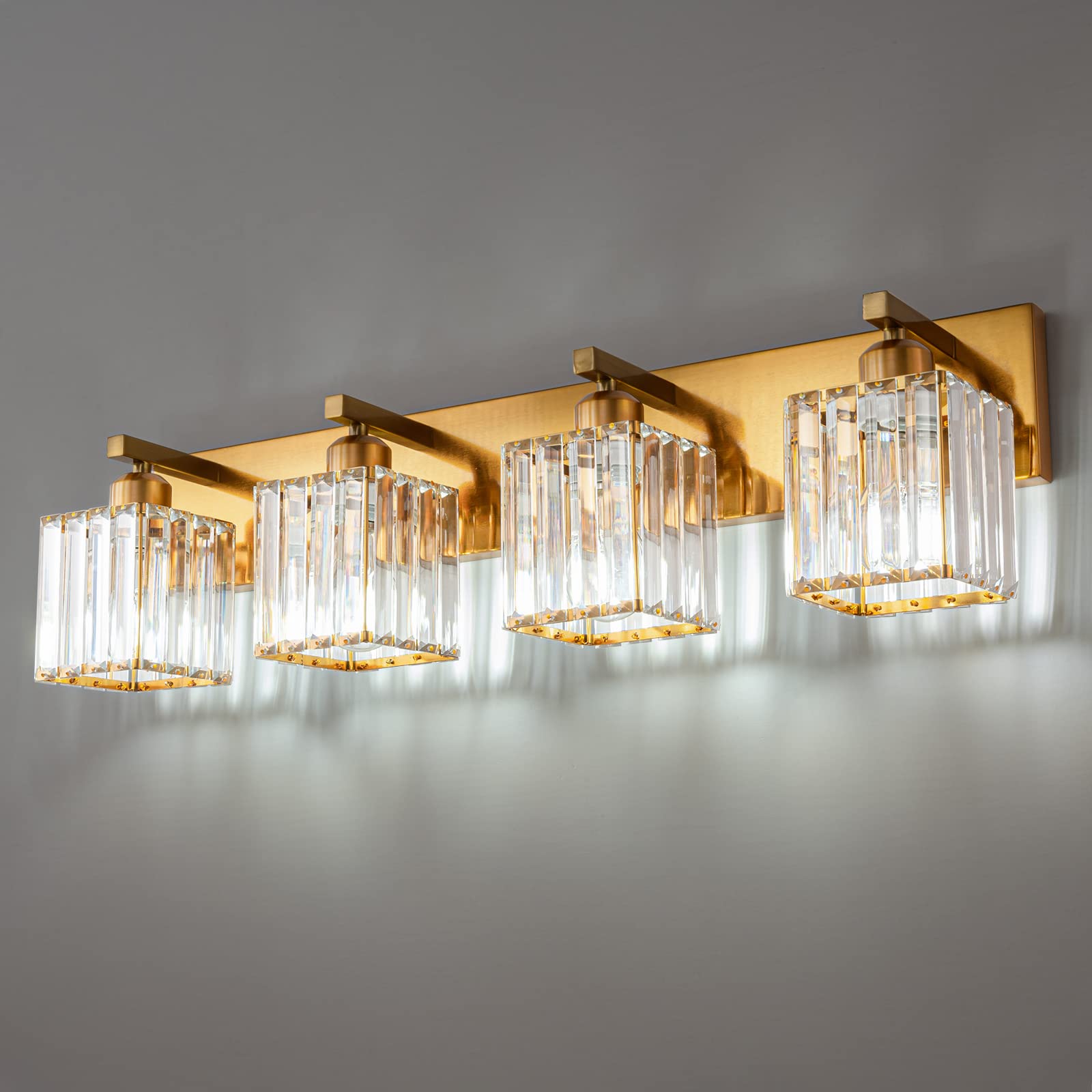 Fdpby Modern 4-Light Gold Brushed Brass Finish Crystal Bathroom Vanity Light Fixtures