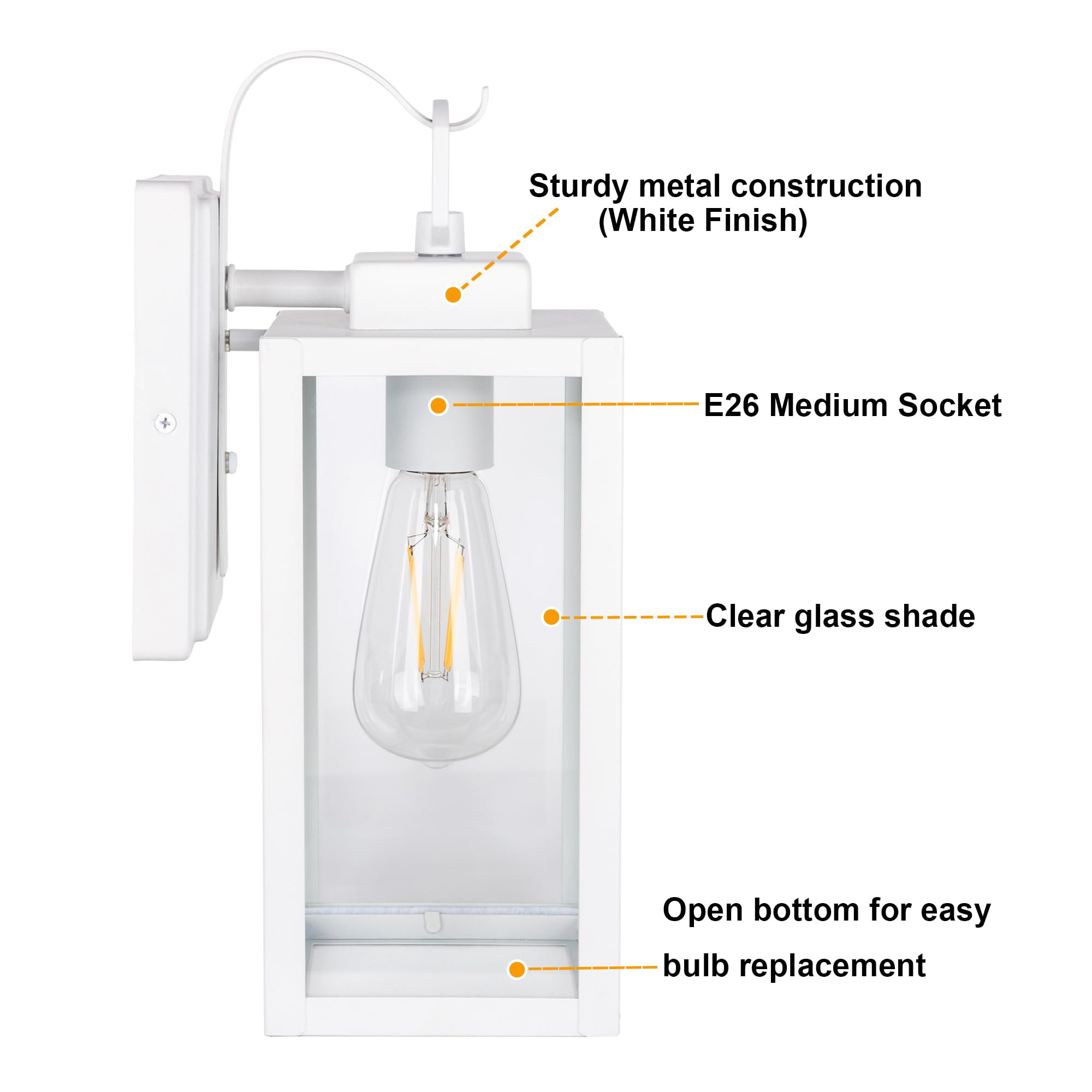 Gruenlich Outdoor Wall Lantern, Wall Sconce For Porch Lighting Fixture, E26 Base Max 60W, Metal Housing Plus Glass, White Finish