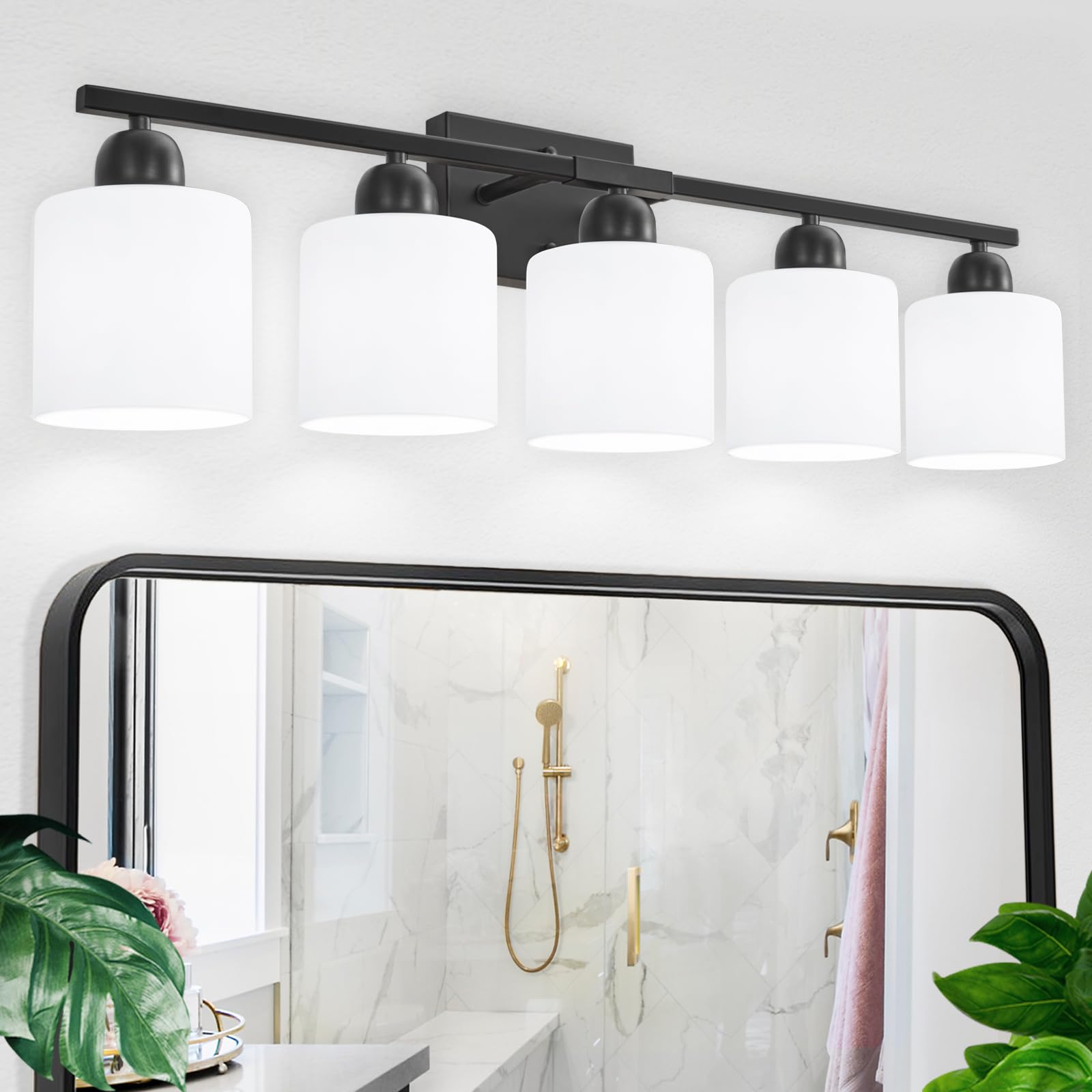 FAISHILAN 5-Light Vanity Light Fixture, Black, Glass Shades, Model FSL-212--NBH-5