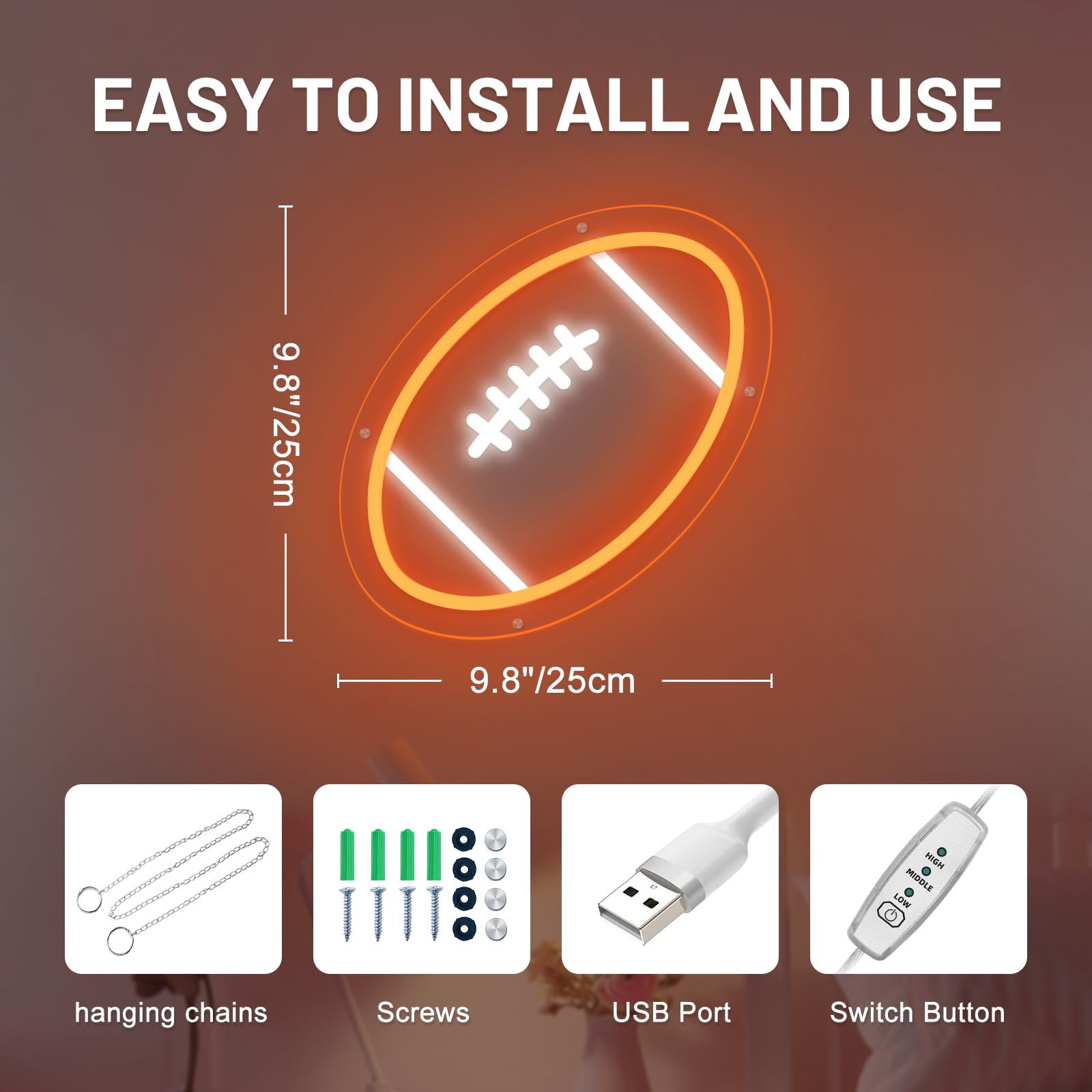 Mupanvid Football Neon Sign  9.84?9.84 Inch Football Led Neon Light  Powered By Usb With Dimmable Switch  Sport Led Sign For Wall Decor  Bedroom Birthday Signs Kids Gift