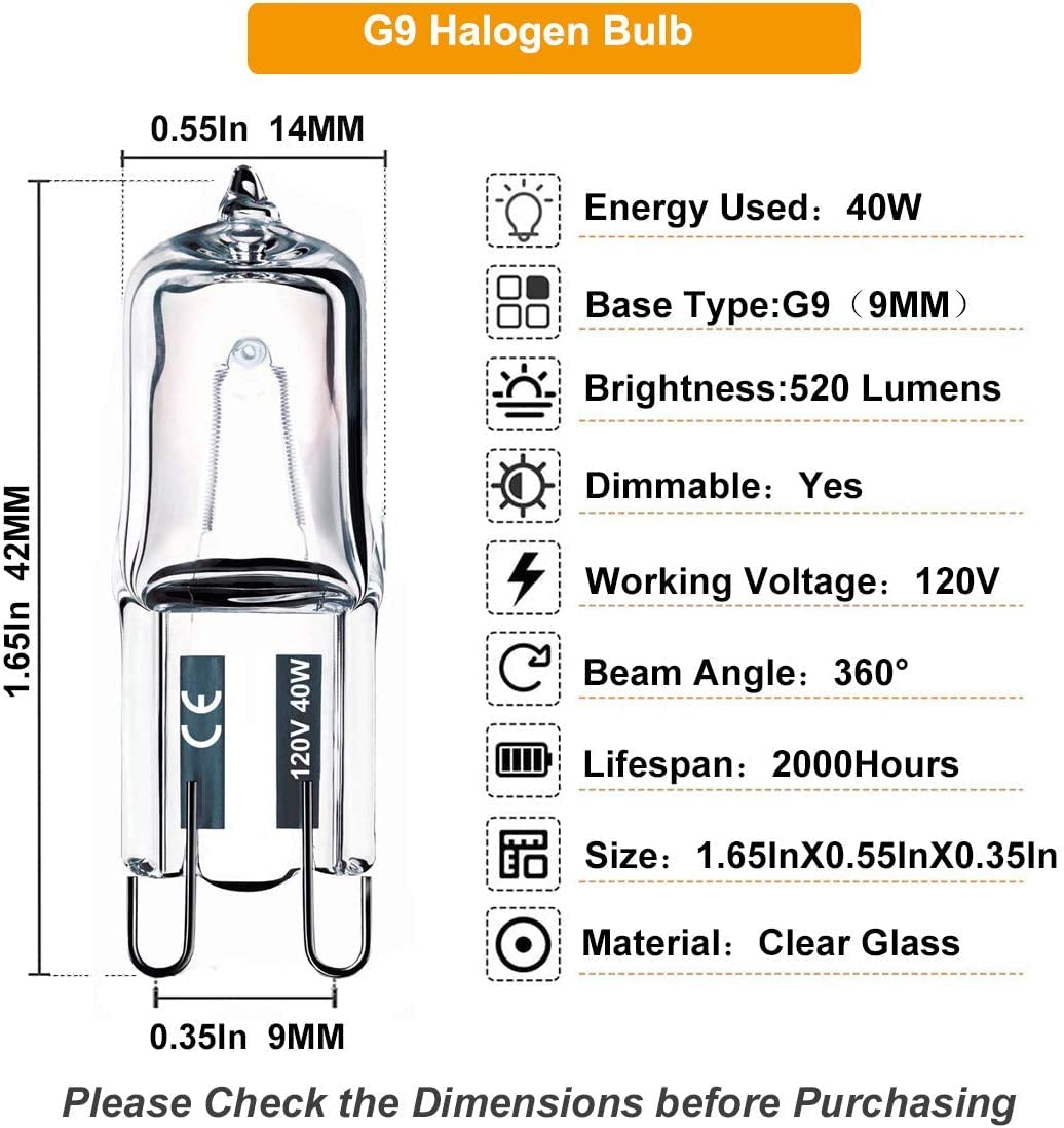 Vinaco G9 Halogen Bulbs 40W 120V, 10 Pack, Dimmable, 520LM, 2800K Warm White, Clear Glass, T4 JD Type