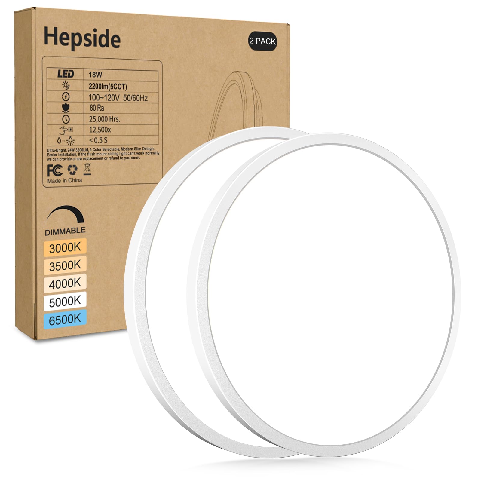 hepside 2Pack LED Flush Mount Ceiling Light Fixture  9Inch 18W  Dimmable&3000K/3500K/4000K/5000K/6500K Adjustable Low Profile Ceiling Lights  Round Flat Ceiling Light for Closet Kitchen Hallway-White
