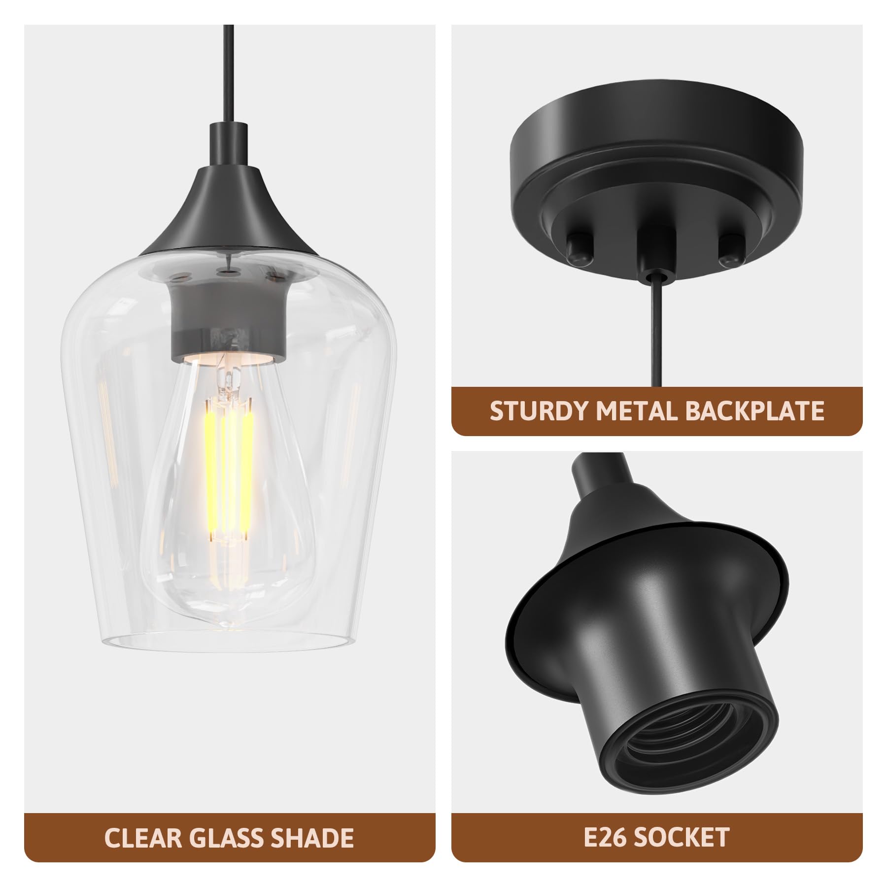 VONLUCE Pendant Lights - Matte Black Modern Fixtures, E26 Base, Adjustable Cable, 2 Pack, Glass Shade for Kitchen, Living Room, Hallway
