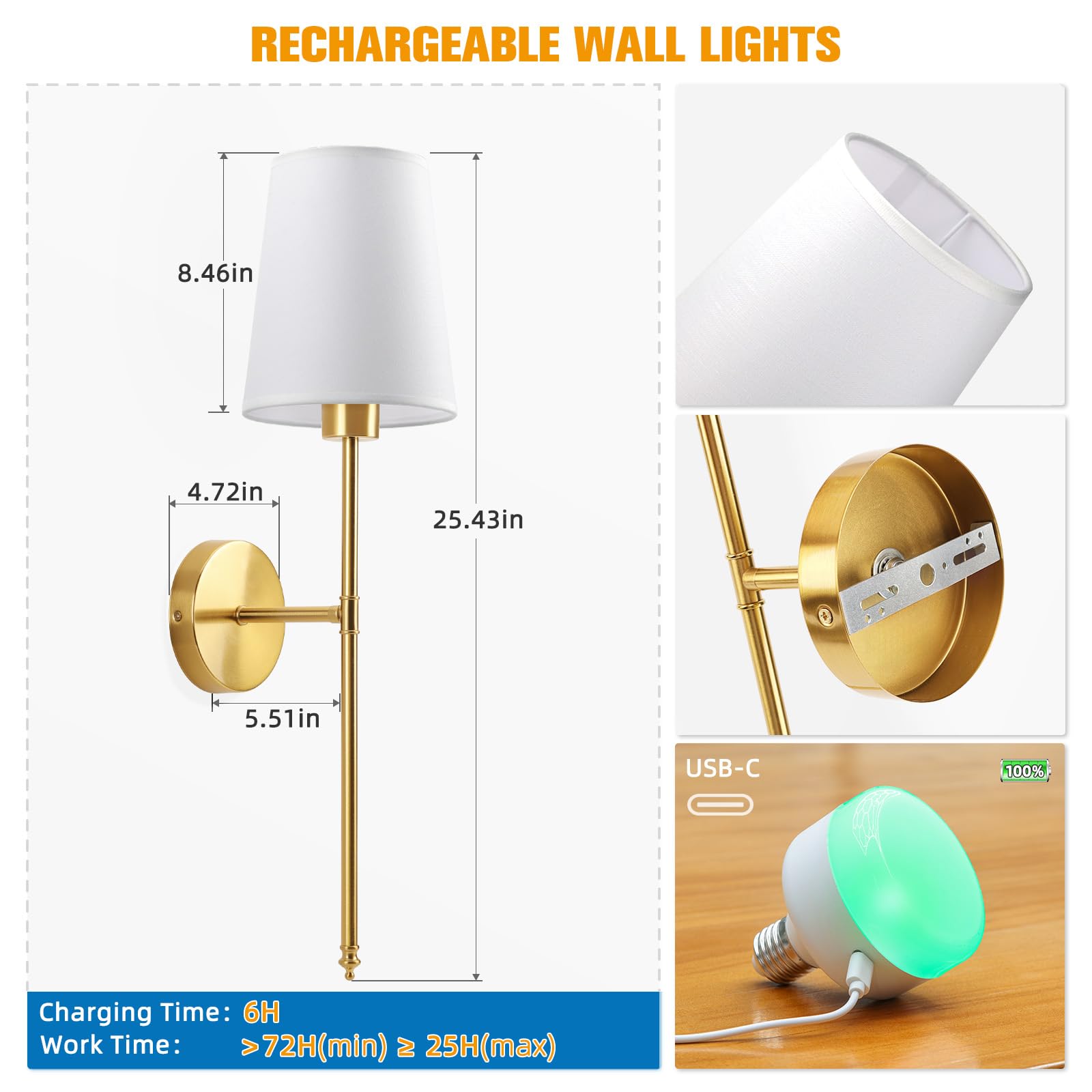 Niorsun 25.4 Inch Battery Operated Wall Sconce Set Of 2 Gold Rechargeable Wall Lights With 5200Mah Dimmable Detachable Bulbs And Remote 9 Colors Wireless Sconces For Bedroom Living Room Hallway