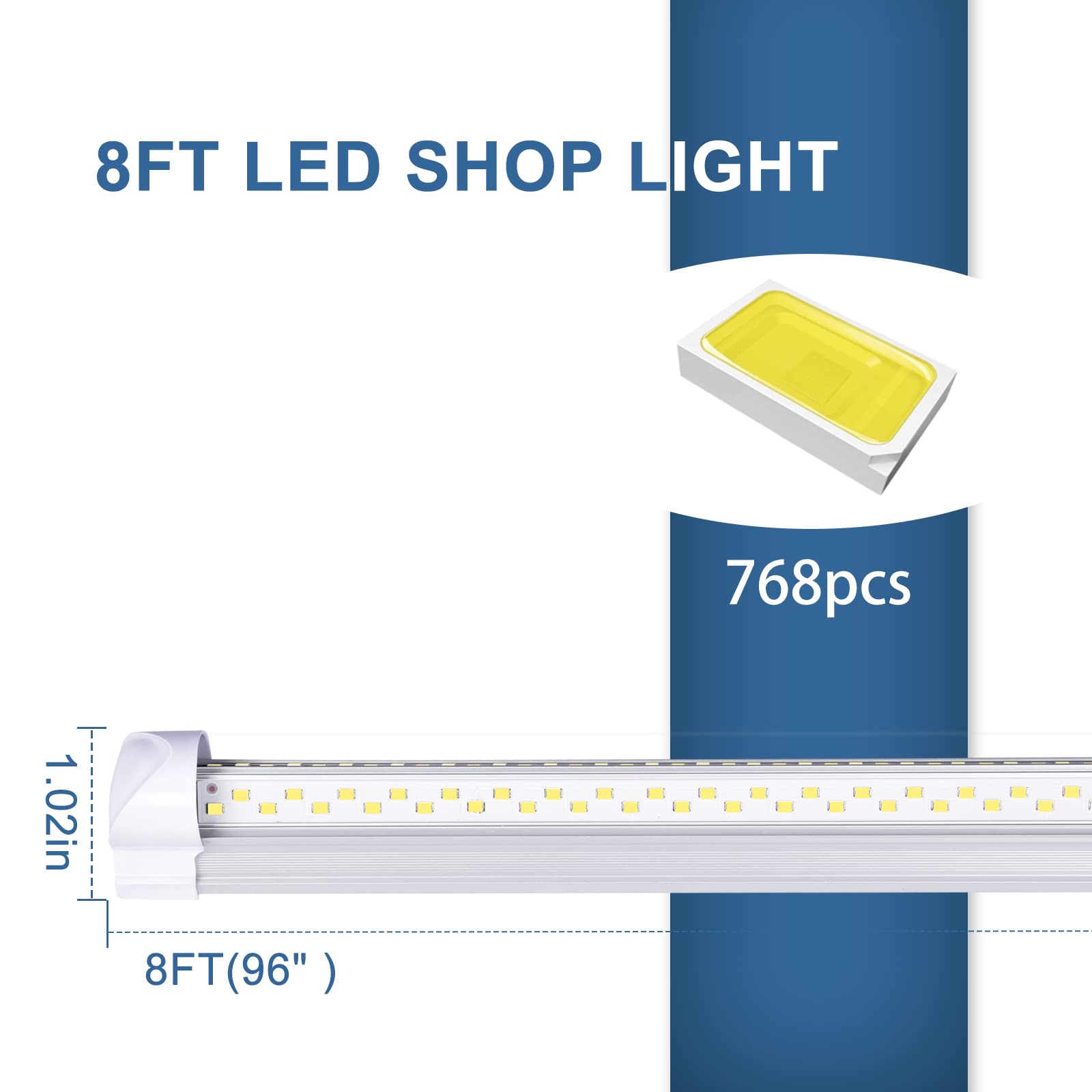 ONLYLUX 8Ft LED Shop Light Fixture - 100W 15000LM V Shape, Aluminum, 6500K, Pack of 10, Model ON-6000-V-10