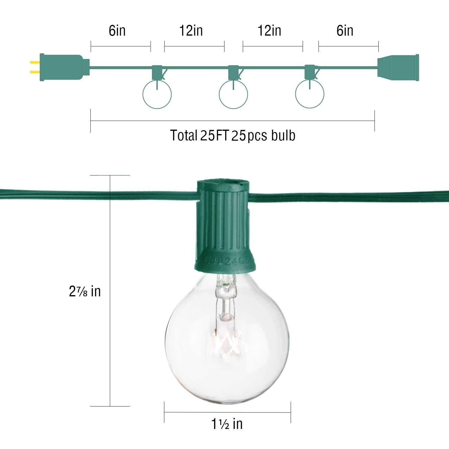 SUNSGNE G40 Globe String Lights, 25Ft with 27 Clear Bulbs, Green Wire for Indoor/Outdoor Christmas Decoration