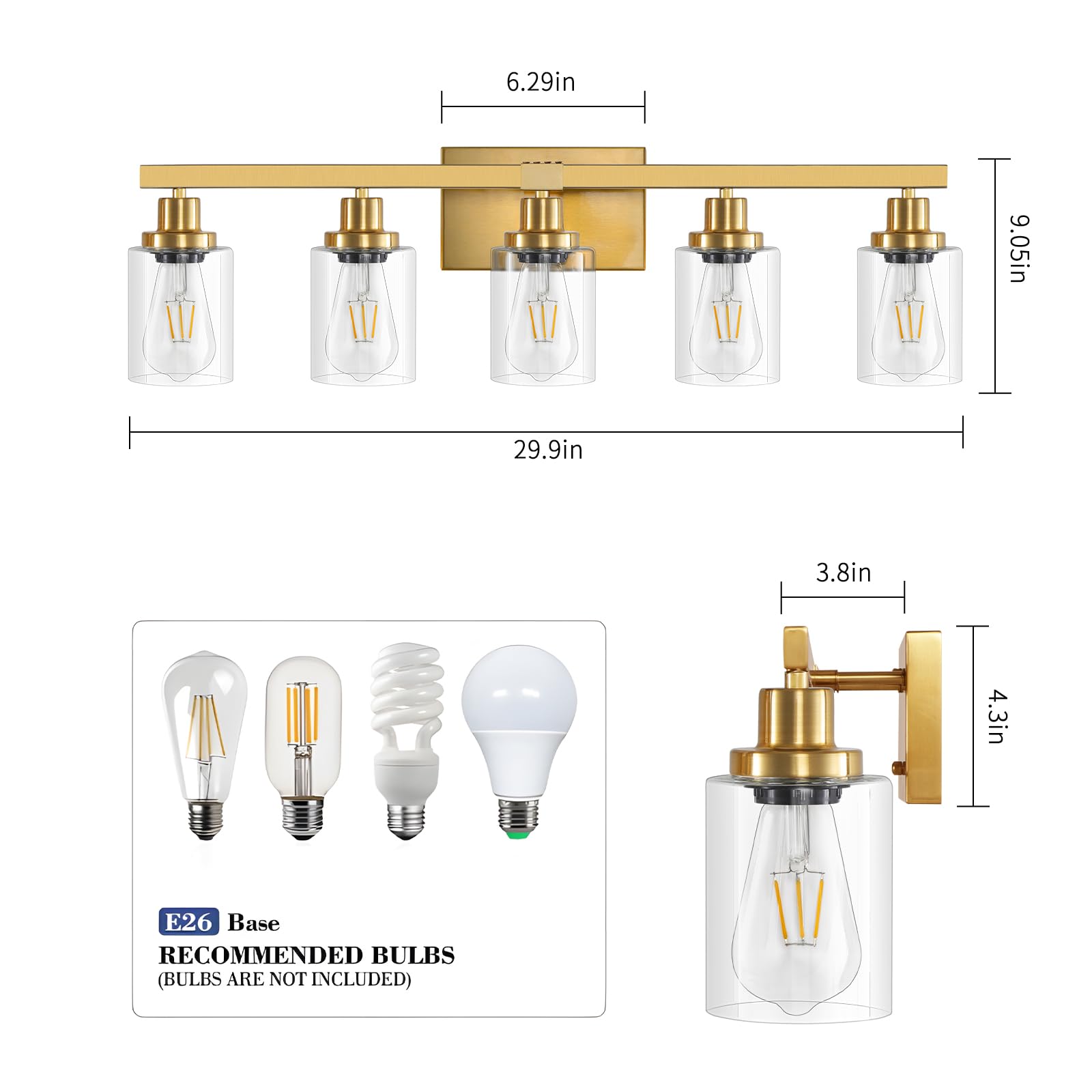 DIKAIDA 5-Light Bathroom Vanity Light, Modern Brushed Gold Metal Fixture, 31in, JS-5 Model