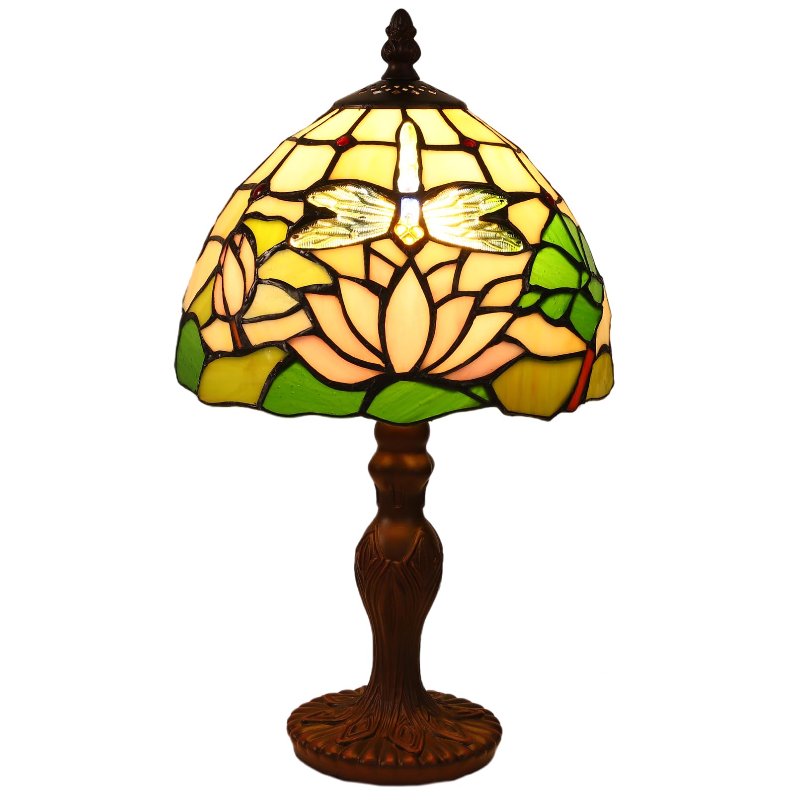 tuomoxte Tiffany Style Table Lamp, 8 Inch Small Antique Lamp, Stained Glass Lamp, Dragonfly and Flower Pattern, for Bedside Nigh
