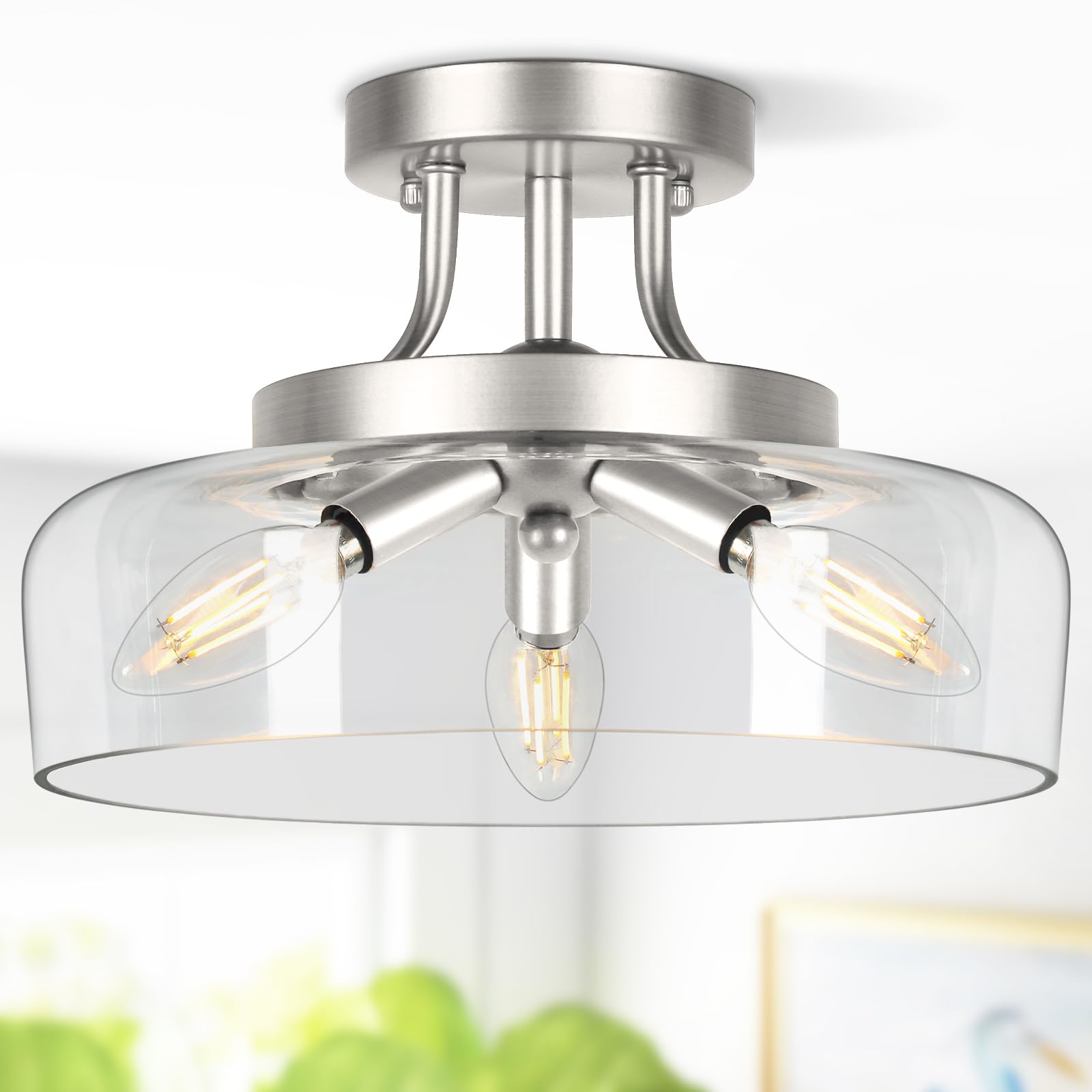 3-Light Semi Flush Mount Ceiling Light Fixture, Modern Industrial Glass Ceiling Light With E12 Base, Metal Semi Flush Ceiling Li