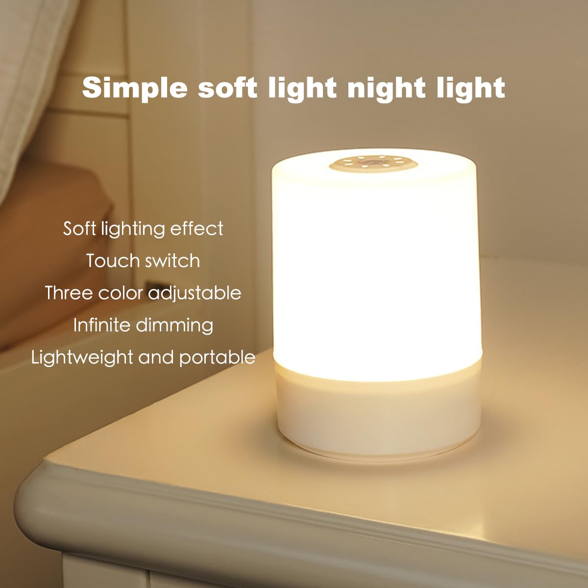 JININQ Touch Bedside Table Lamp - Dimmable LED Night Light, USB Rechargeable, 3 Colors, Soft Eye Caring, White, Model 001