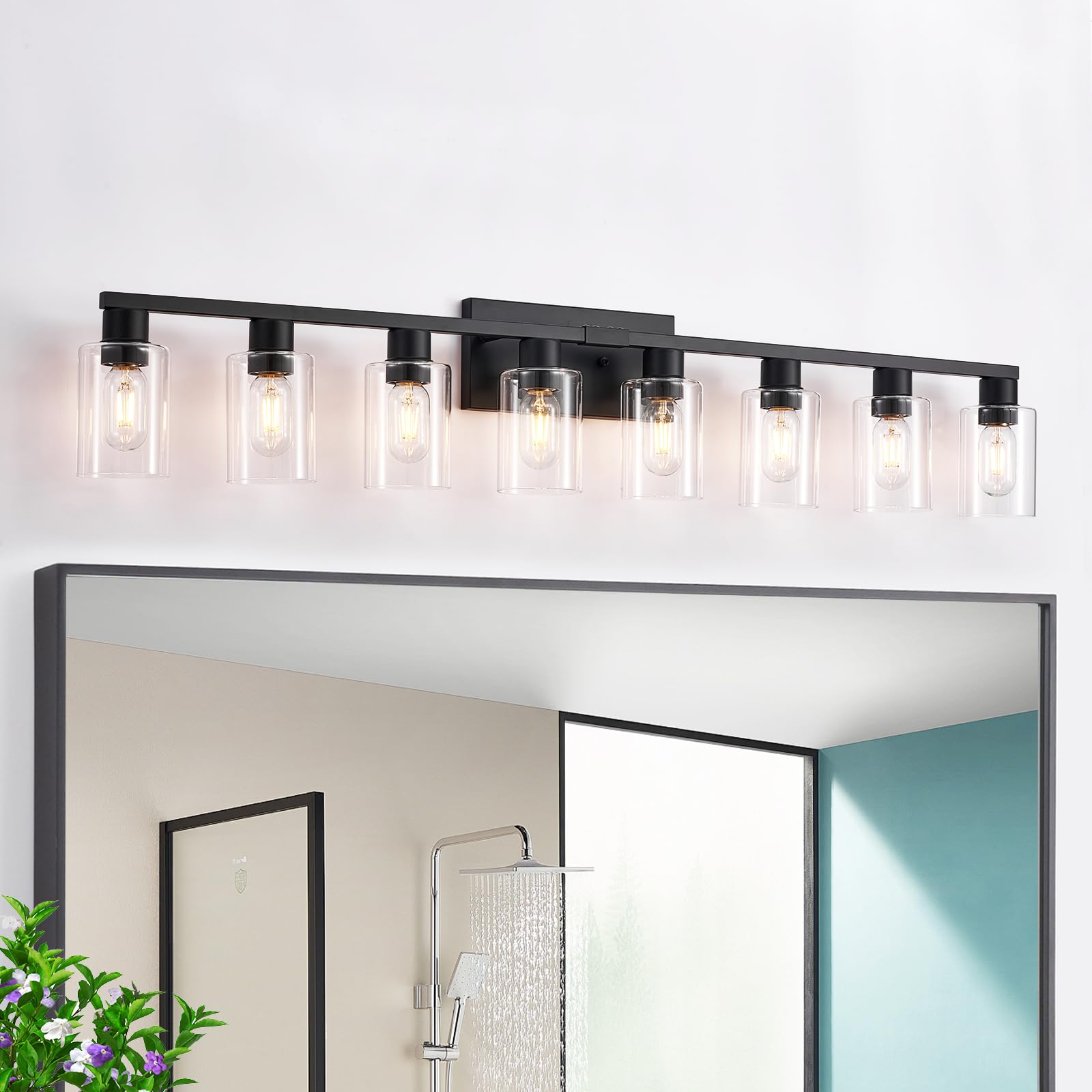 8 Light Bathroom Vanity Light  Matte Black Bathroom Vanity Lights Over Mirror with Sturdy Clear Glass Shade  8 Lights Count Large Bath Light Fixtures for Mirror  Bedroom  Living Room  Wall Sconce