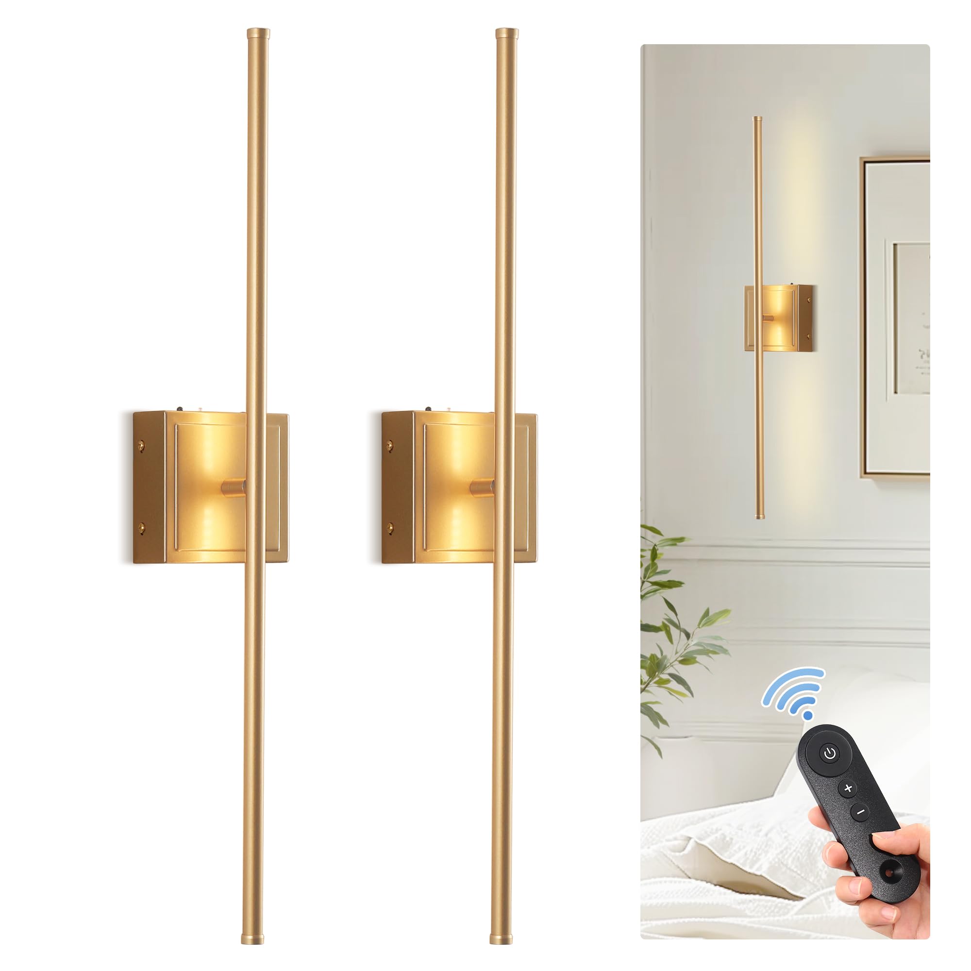 DORESshop Battery Operated Wall Sconces Set of 2, Dimmable, Gold, 28.1 Inch, Metal, Model NB04501A