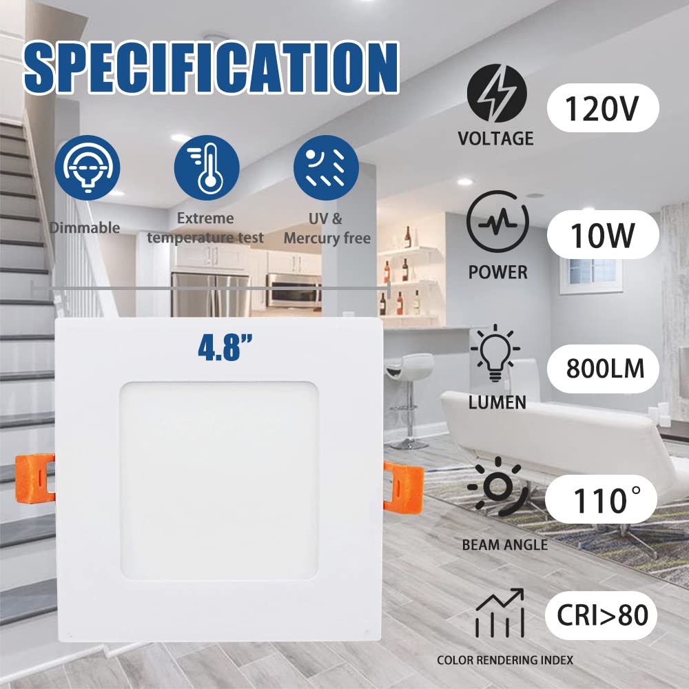 Oukeeto 4 Inch Led Square Recessed Light - 3000K/4000K/5000K Color Selectable, 10W=75W 800Lm Ultra-Thin Dimmable Downlight Led W