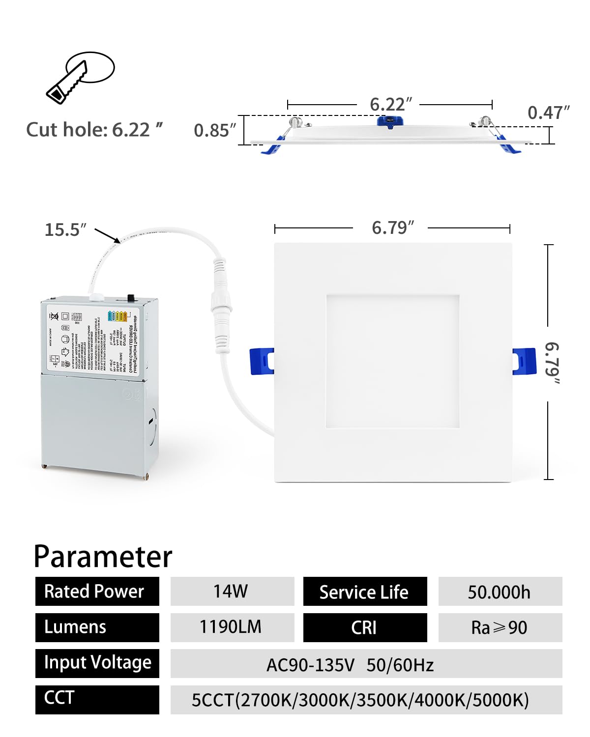 Adetu 12 Pack 6 Inch Square Led Recessed Lighting  5Cct Ultra Thin Square Led Ceiling Light With Junction Box  14W 1190Lm  Cri90  2700K-5000K Selectable Dimmable Canless Downlight  Etl And Energy Star