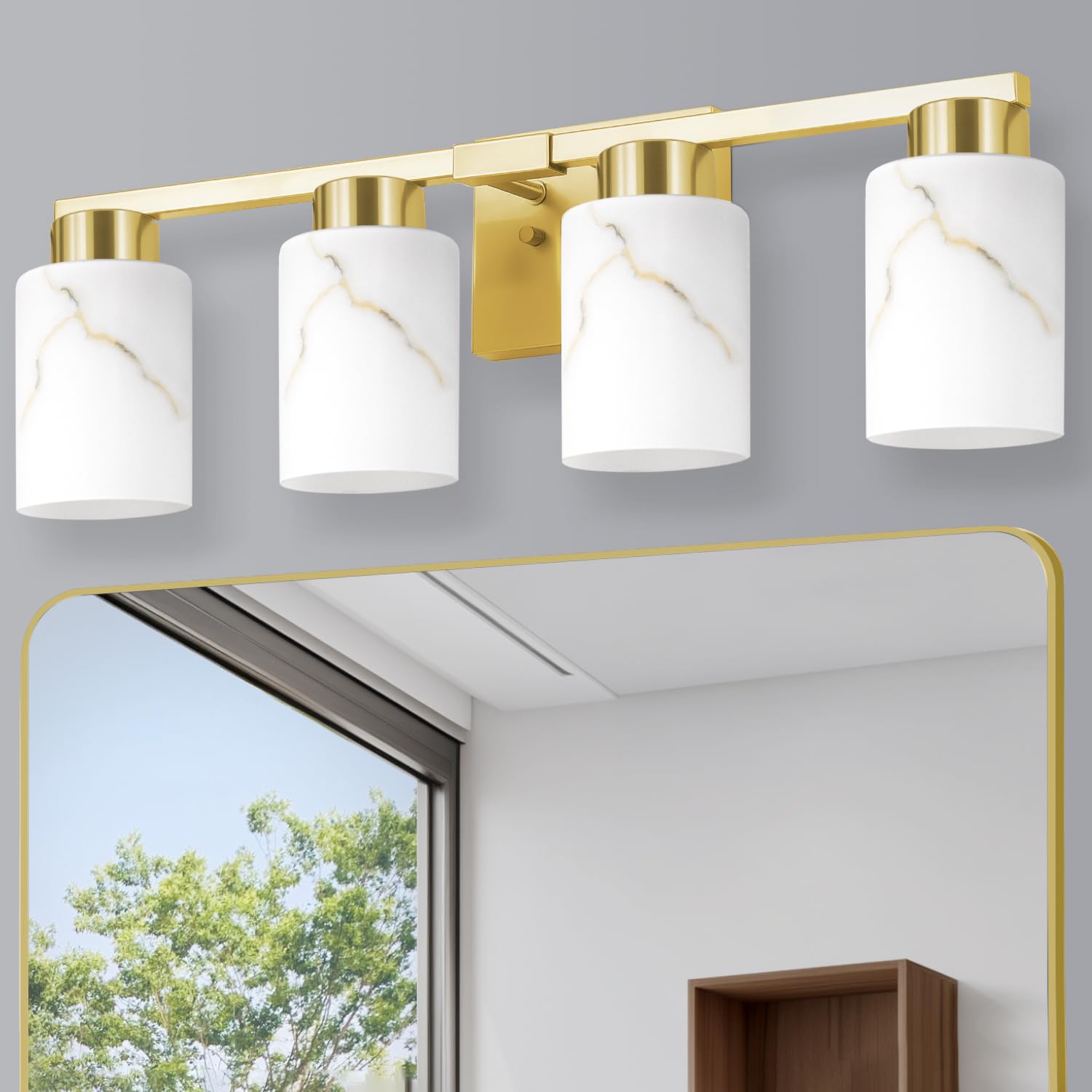 Mieloxiy 4-Light Bathroom Light Fixtures  Modern Vanity Lights  Gold Metal Wall Lamp with White Marble Glass for Bathroom  Mirror  Living Room  Bedroom  Cabinet  Porch  Hallway  E26 Base