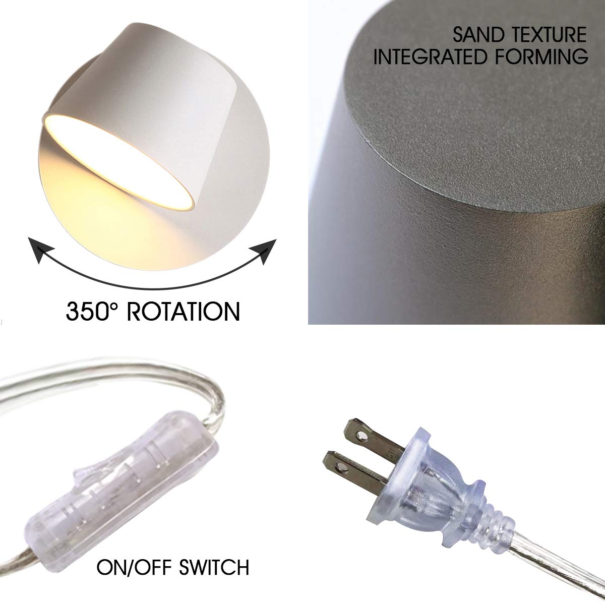 Luzden Mini Modern Led Bedside Reading Wall Lamp Plug In Cord With On Off Toggle Switch Lighting Fixture Rotation Adjustable San