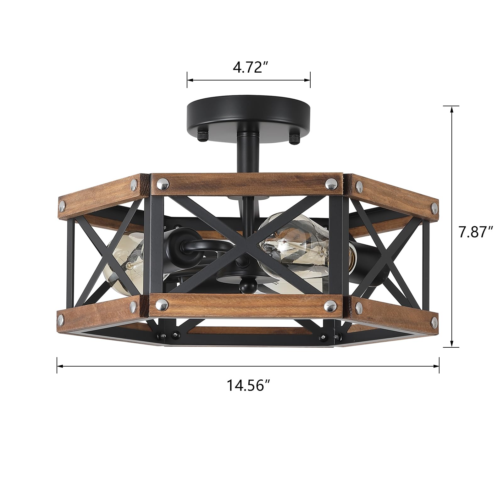 3-Light Rustic Farmhouse Wood Flush Mount Ceiling Light Fixture 14.5 Inch Oak Wood And Metal Hexagon Cage Semi Flush Mount Ceili