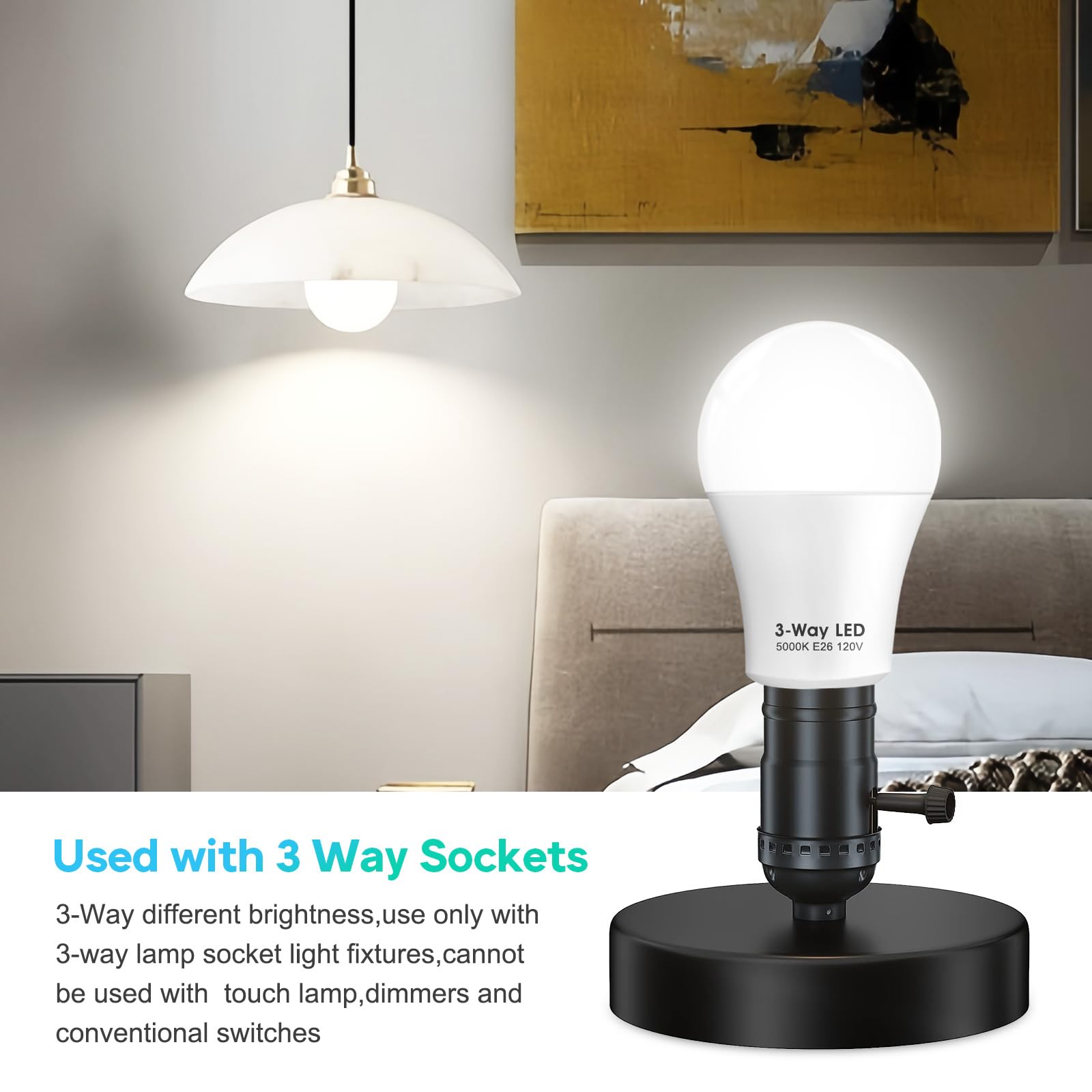 Gonhom Etl Listed 3 Way Led Light Bulbs Daylight White 5000K,30 70 100W Equivalent 3 Way Light Bulbs, A19 E26 Medium Basethree W