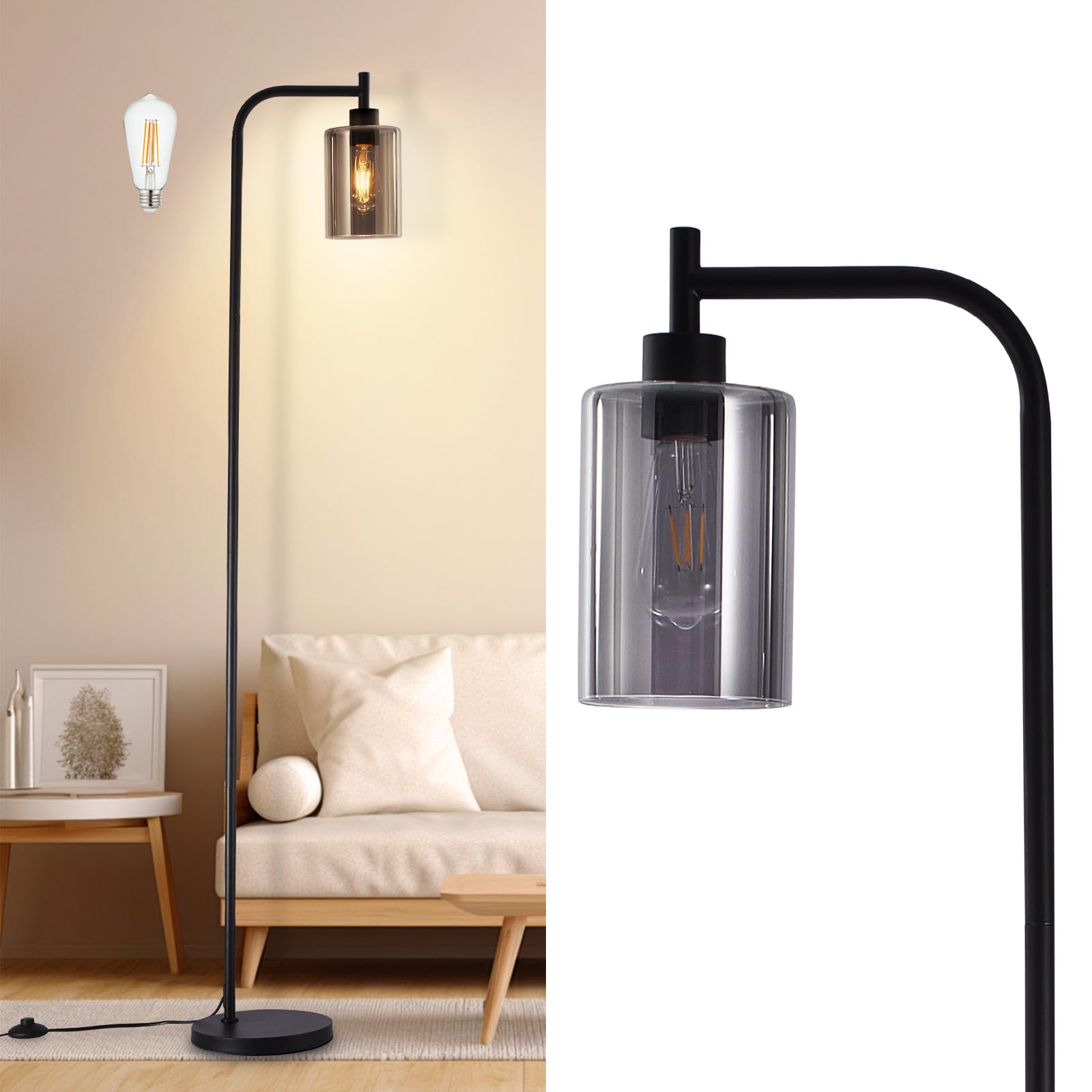 DINGLILIGHTING Floor Lamp - Black Metal Standing Lamp with Grey Glass Shade, Model WSFLL005-BK-4, Ideal for Living Room and Office