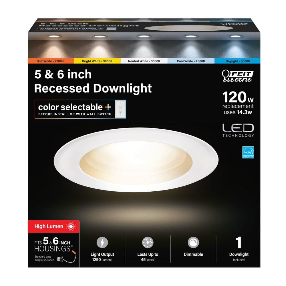 Feit Electric LED Recessed Downlight, 5/6in Dimmable, 120W Equivalent, Color Select 2700-5000K, White, Model LEDR56HO
