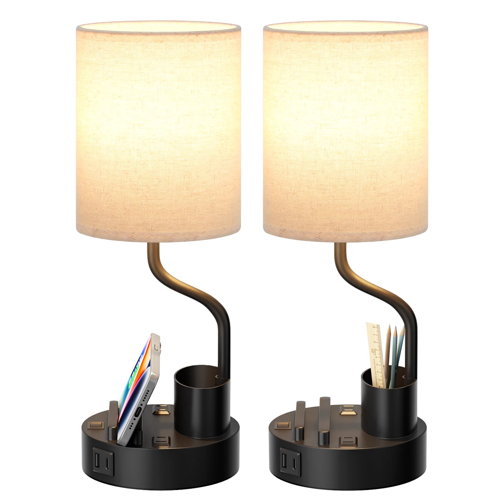 Bedside Table Lamps for Bedroom Set of 2 - Nightstand Lamp with AC Outlet Charging Port and USB A C, 3 Color Temperatures, Inclu