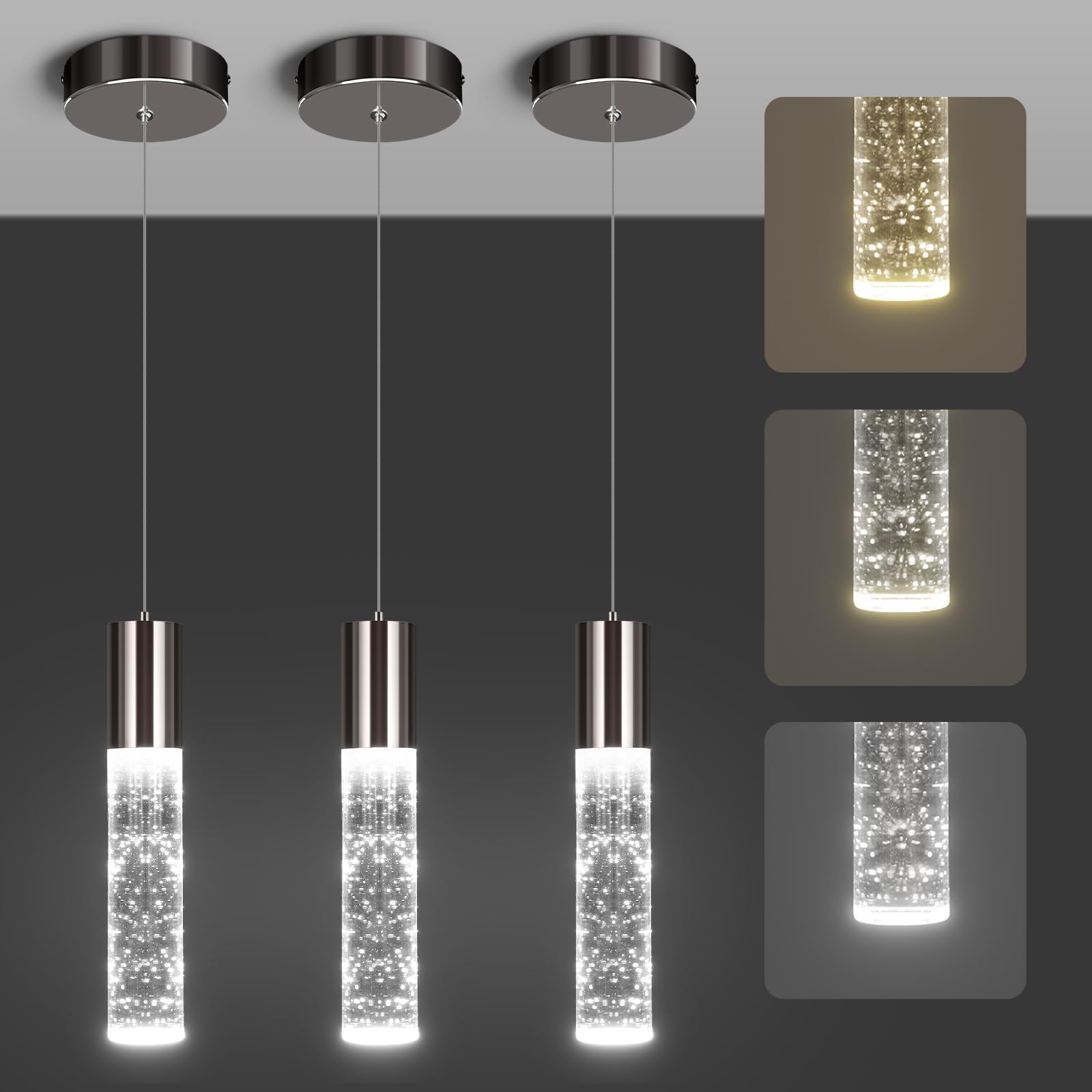 OKELI Modern Pendant Lights 3 Color LED Bubble Crystal Island Light Fixtures Black Mini Pendant Lighting for Kitchen Island Bar 6W 3000-6000K ETL 3 Pack