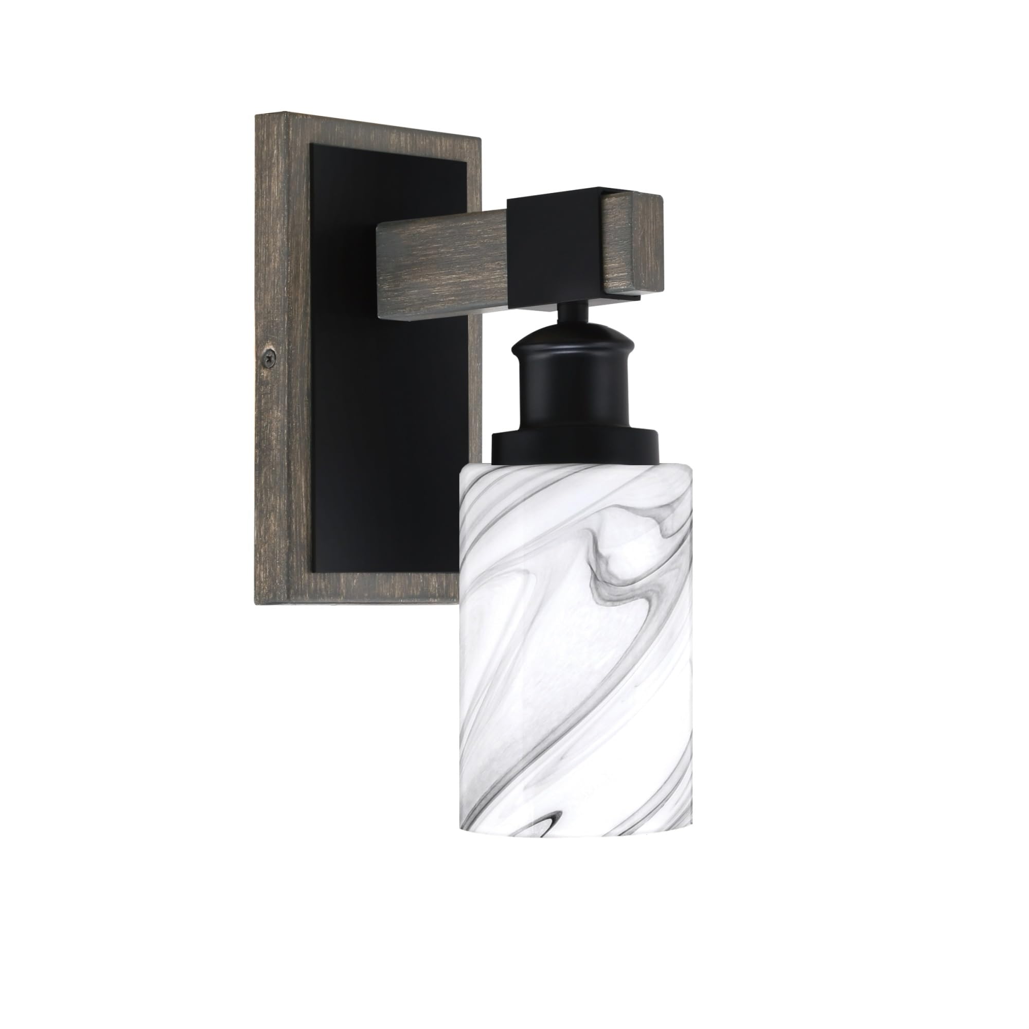 Toltec Lighting Tacoma Light Wall Sconce, Matte Black, Distressed Wood-Look Finish, 4in Onyx Swirl Glass