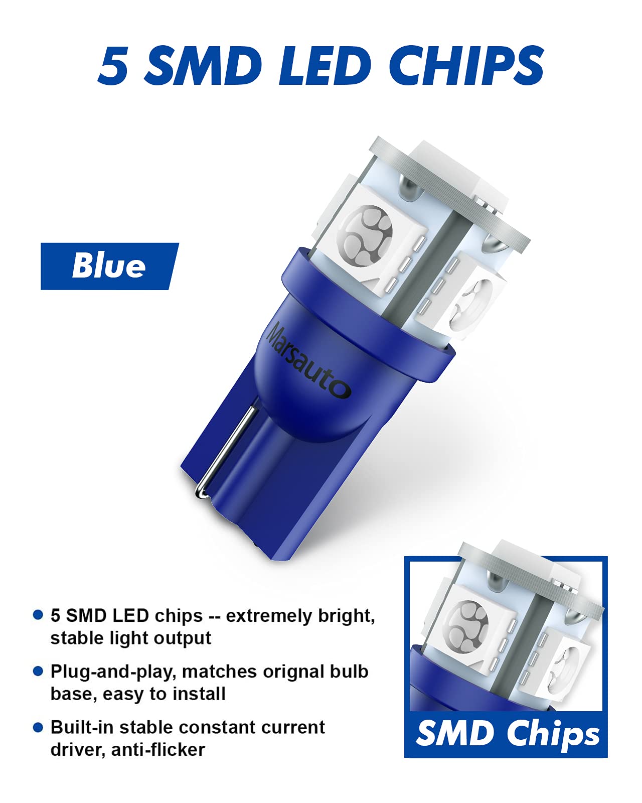 Marsauto 194 Led Bulb Blue 168 T10 2825 5Smd No Polarity Replacement Bulbs For Car Dome Map Door Courtesy License Plate Dashboard Lights Lamp 12V