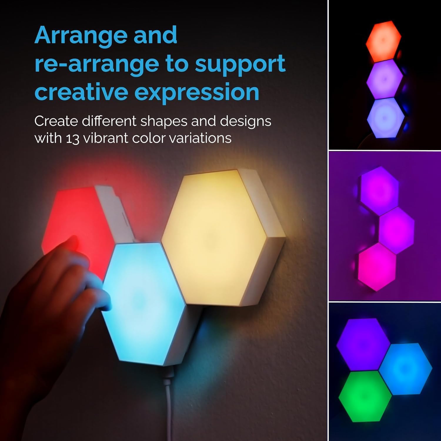 Emberela HEXlights 3pk Touch Hexagon Sensory Lights - Remote Control, Autism-Friendly, Table Stand Included