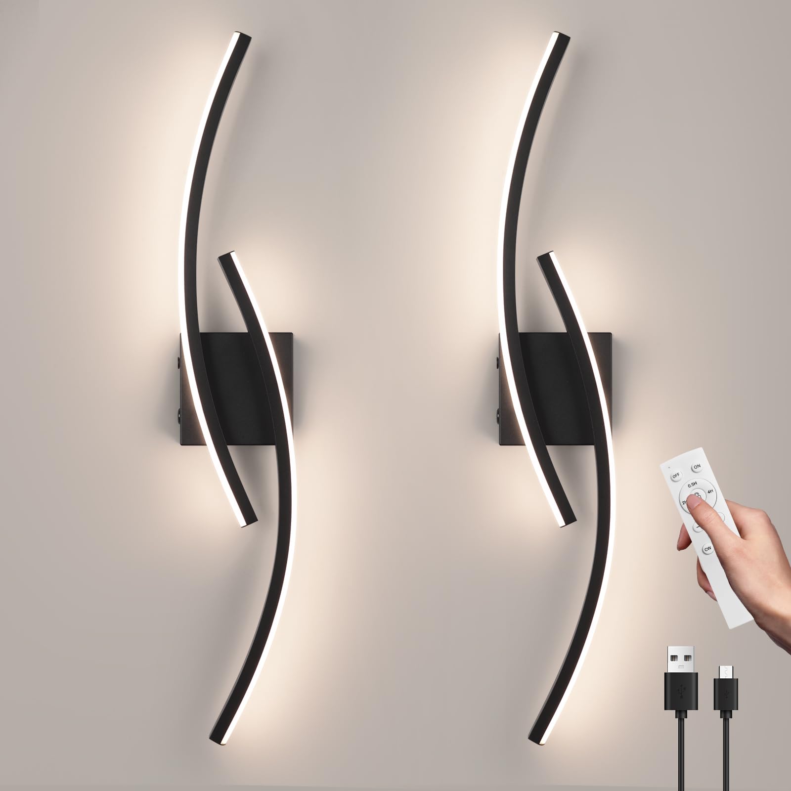 Sovinzert Battery Operated Wall Sconce Set Of 2,Black Wall Sconces With Remote Control,3000K-6000K Modern Led Wireless Wall Ligh
