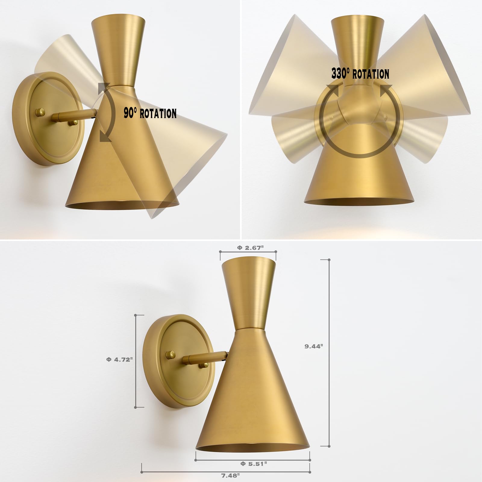 Heqiqeh Modern Battery Powered Wall Sconces Light Set Of 2 With Flared Funnel Metal Shade, 13 Rgb Remote Control Dimmable Adjust