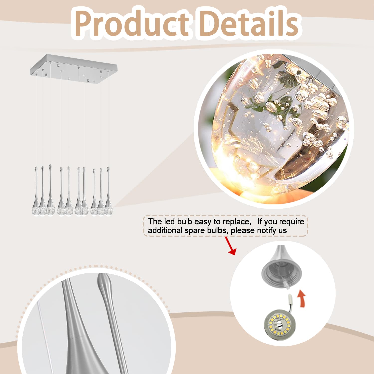 Ykolupty Rectangular Chandeliers For Living Room Silver Dining Room Lights Fixture Raindrop Pendant Lights Kitchen Island Crysta