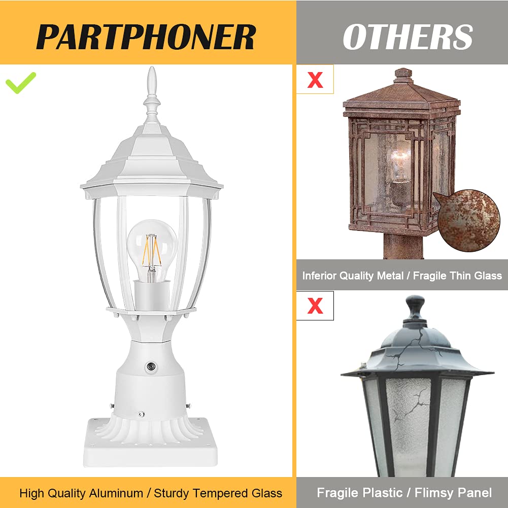 PARTPHONER Outdoor Post Light, Waterproof Aluminum Lantern Fixture, 6 In, White, Model PA1159WS-White, Clear Glass Panels