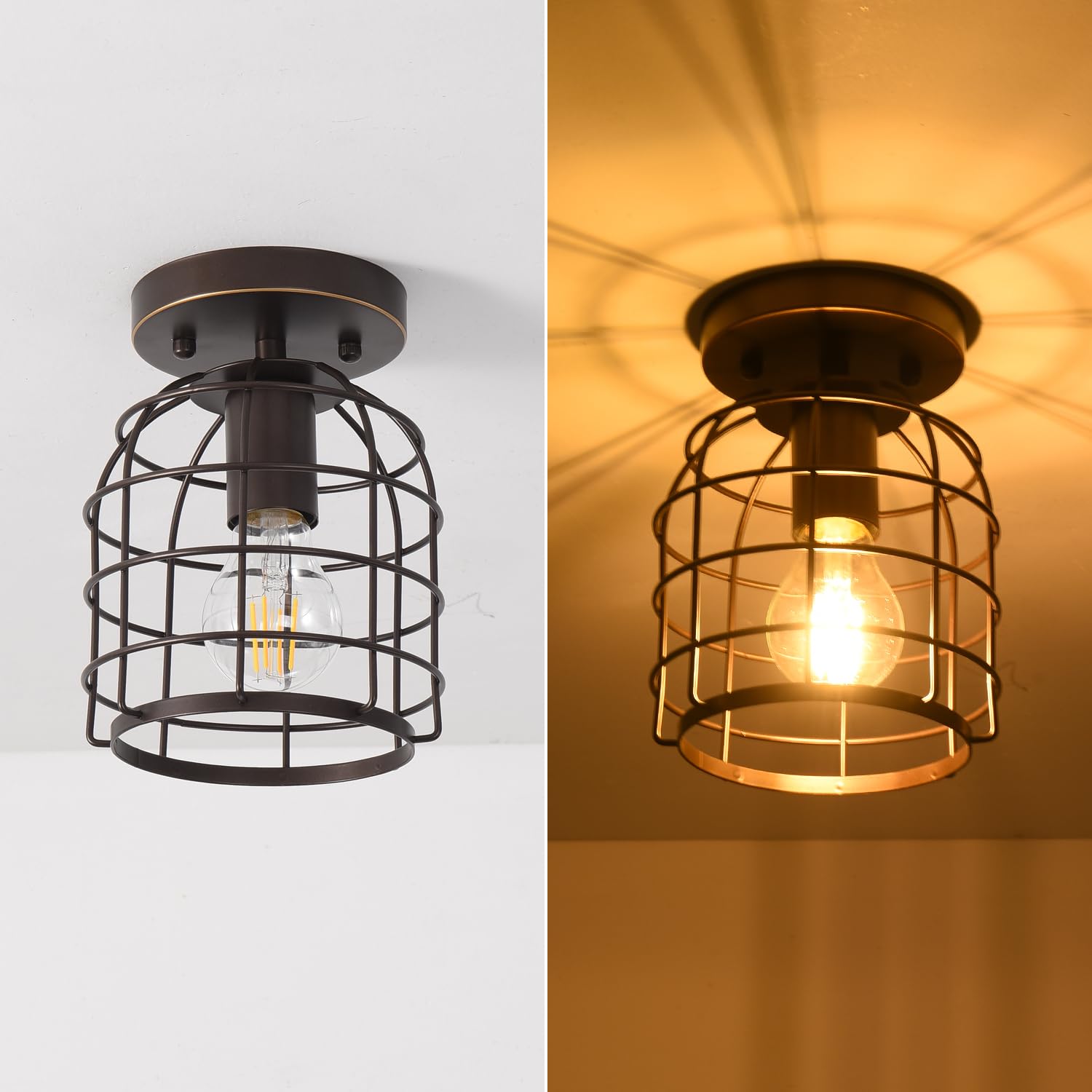 Create For Life Industrial Vintage Flush Mount Ceiling Light, Metal Cage, Oil Rubbed Bronze, 2 Pack, Model 2pkfxd16002