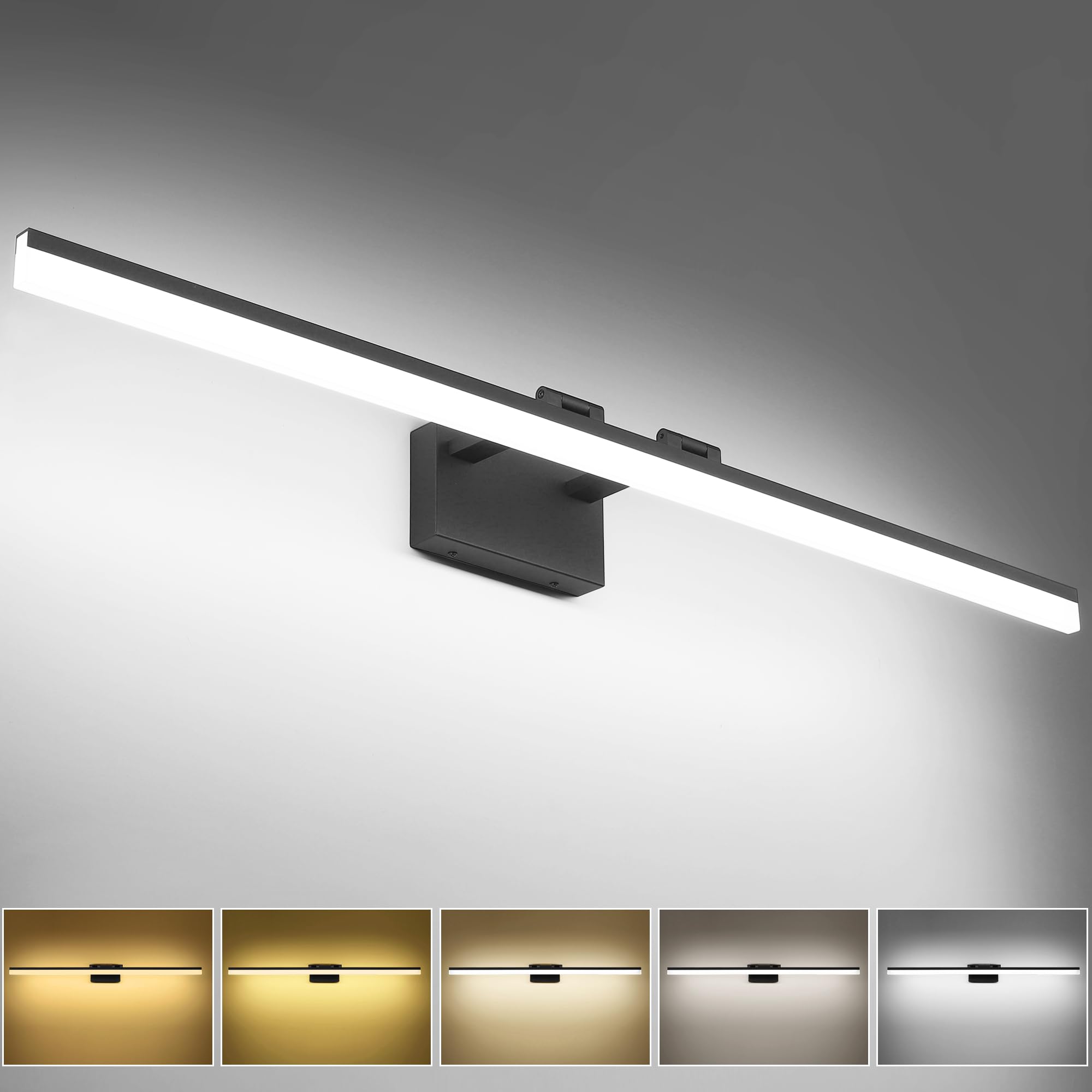 SOLFART 47.2 Inch Dimmable Bathroom Light Fixture, 5 Color Temperature, Aluminum, Matt Black, Model 8778-1220mm-BK-5CCT