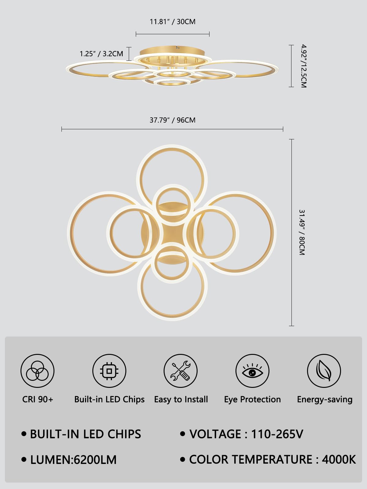 Teminbu Modern Led Ceiling Light, Gold 8 Rings Flush Mount Ceiling Light, 4000K Lighting Fixture Ceiling Lamp For Kitchen, Bedro