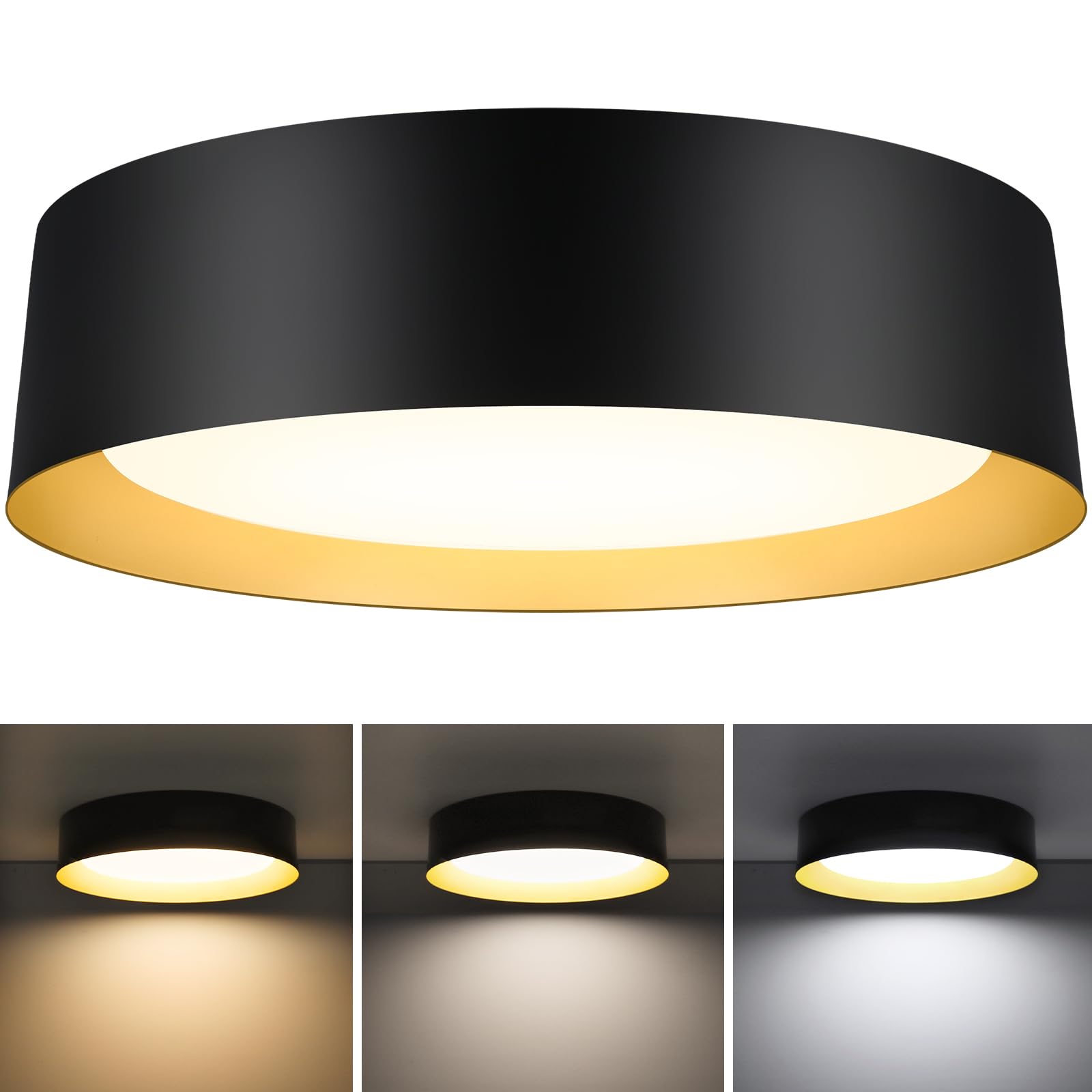 16in Flush Mount LED Ceiling Light, 30W(300W Equiv) 3000LM, 3 Colors 3000K 4000K 5000K, Dimmable Black and Gold Modern Flush Mou