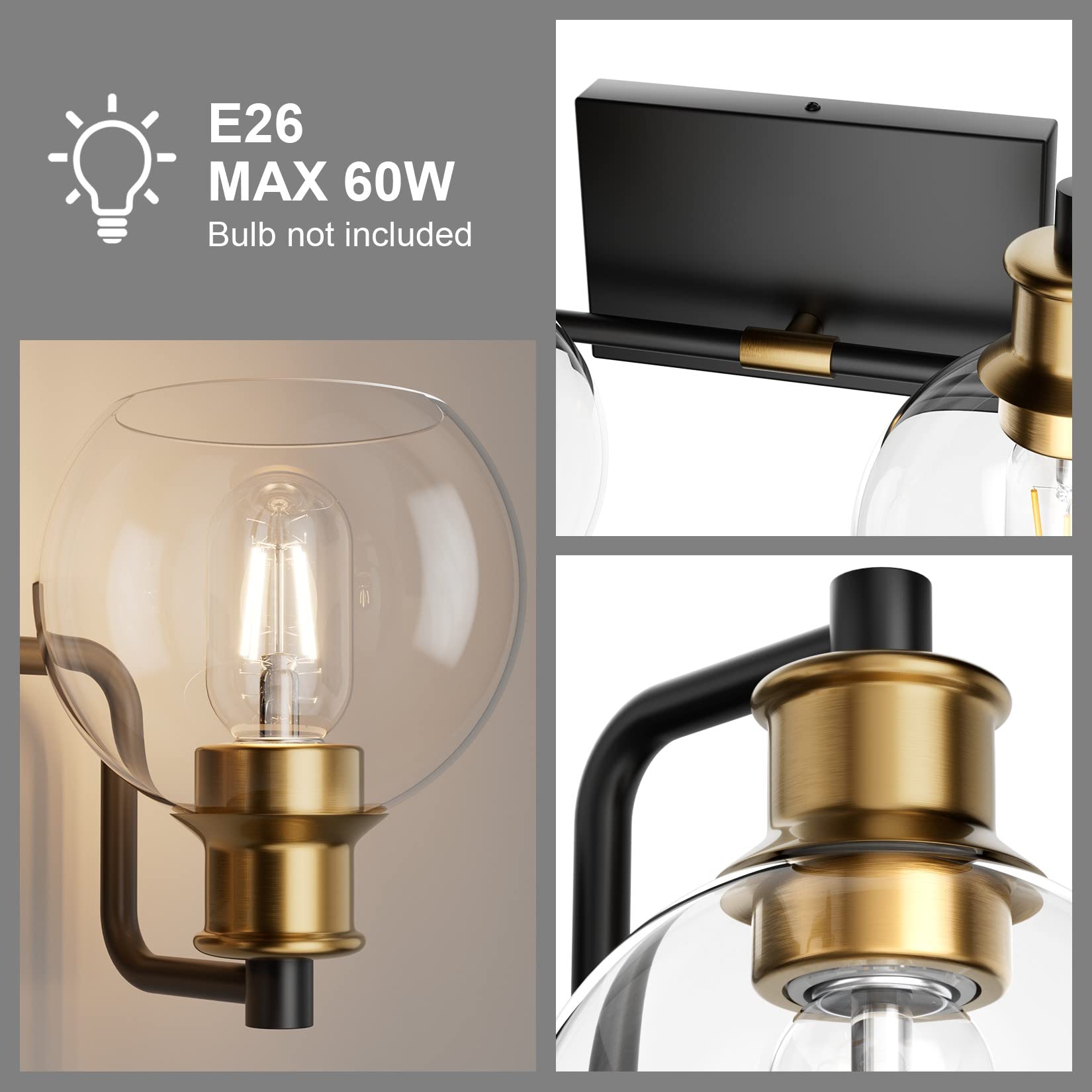 Tipace 2-Light Vintage Bathroom Vanity Light Fixture, Black & Gold, Glass Globe Sconces, Model L-7493-1, Industrial Farmhouse Design