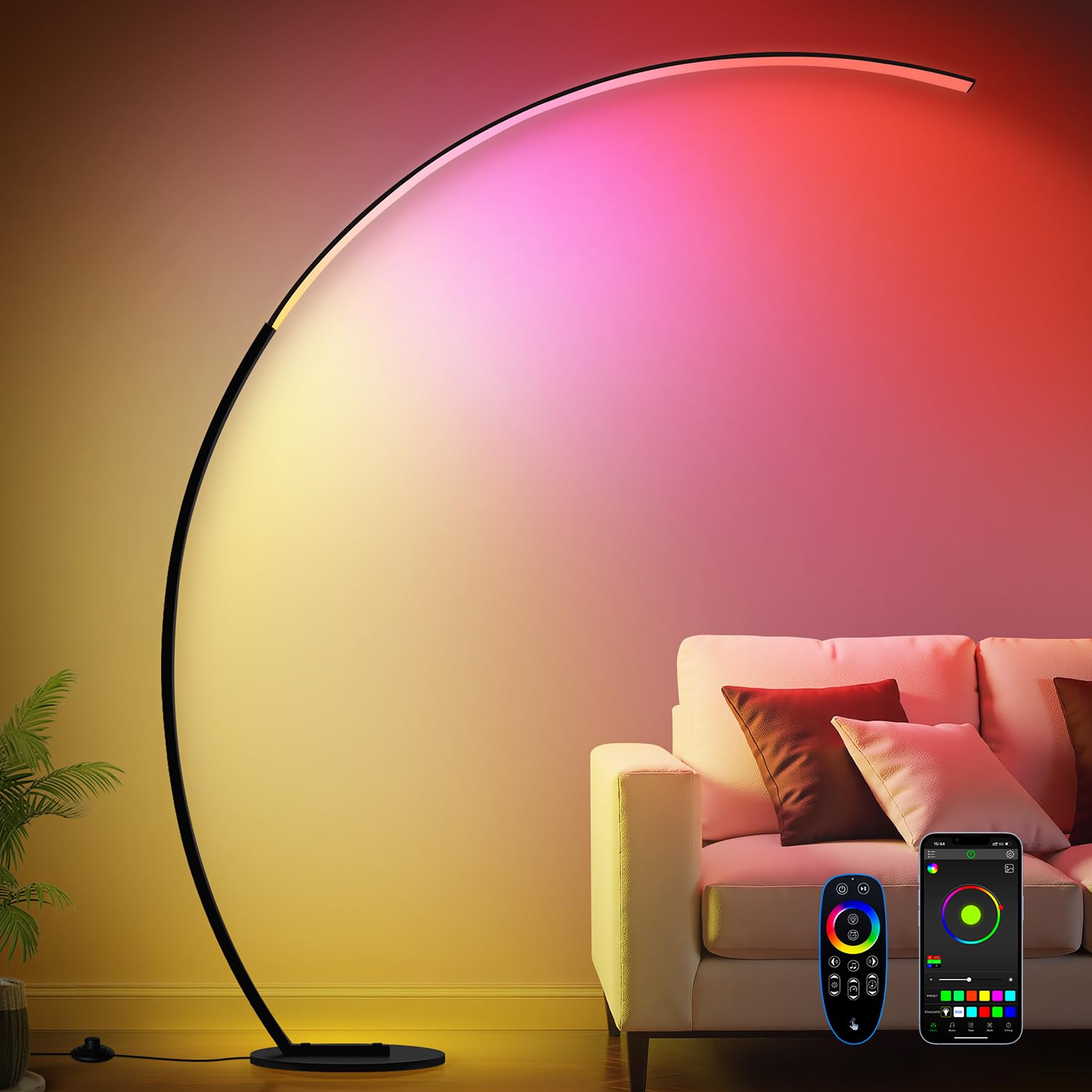 Rgb Dimmable Arc Floor Lamps With 3 Color Temperatures, Ultra Bright 1800Lm Led Floor Lamps For Living Room, Modern Standing Tal