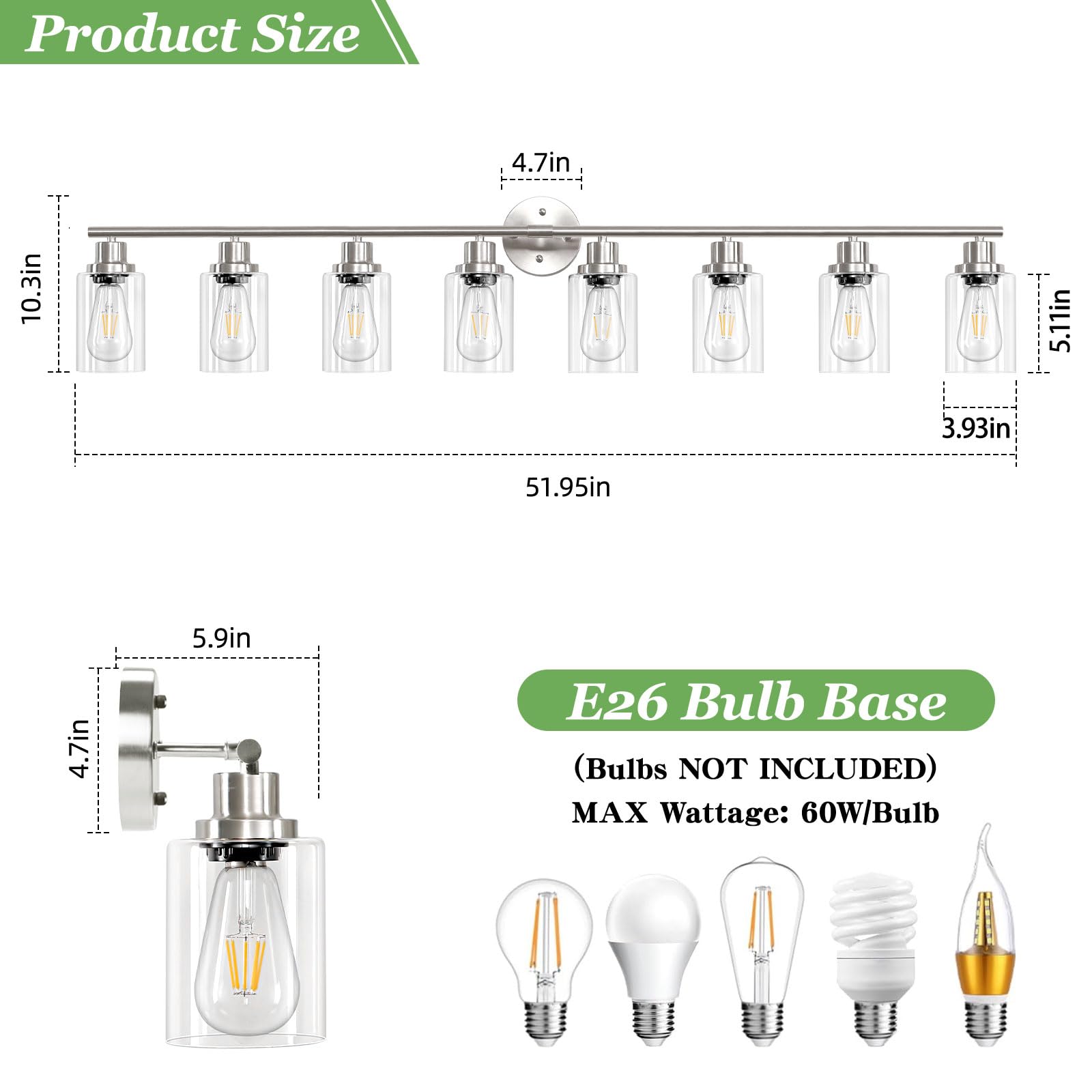 Guliaofo 8-Light Brushed Nickel Vanity Light Fixture with Clear Glass Shades, Modern Wall Lamps for Bathroom and Hallway, Model Gu-111-QGN-8