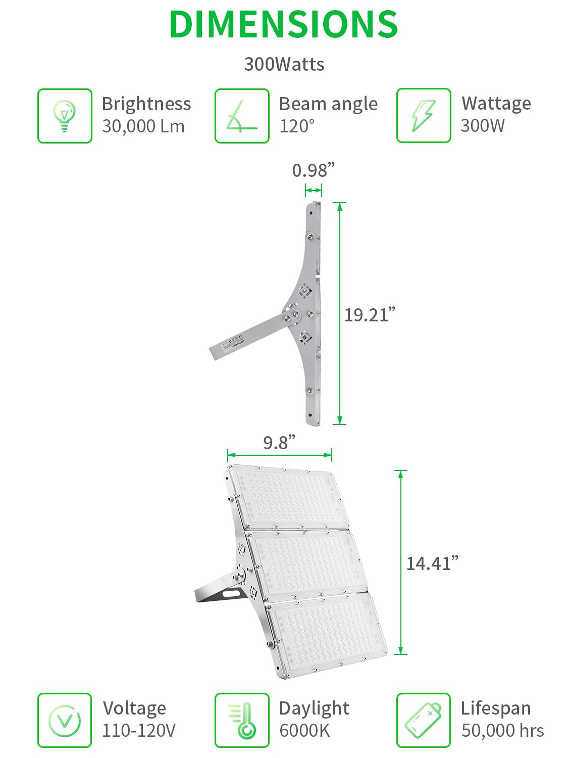 Viugreum 300W LED Flood Light, 24000LM, IP66 Waterproof, 6000K Daylight White, Aluminum, Outdoor Security Light