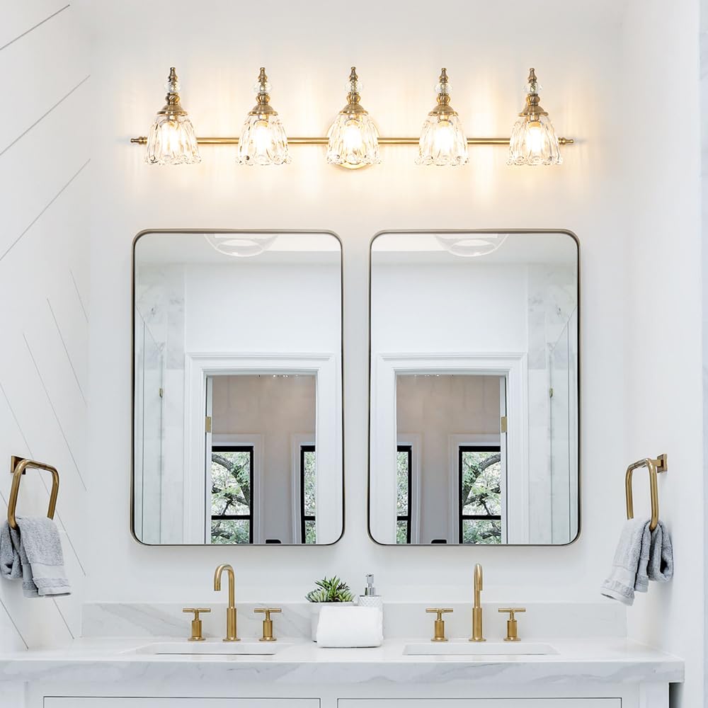 Ditoon 5 Lights Brass Gold Bathroom Light Fixtures, Antique Vanity Light With Flower Glass Shade, Bathroom Vanity Light Over Mir