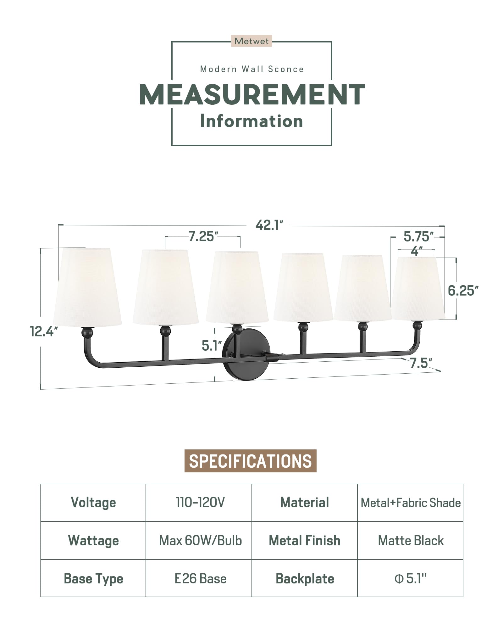 Metwet Bathroom Light Fixtures  42 Inch Matte Black Vanity Lights With Flared White Fabric Shade  6-Light Wall Sconce  Modern Sconces Wall Lighting For Hallway Bedroom  Vl837-Mb-6