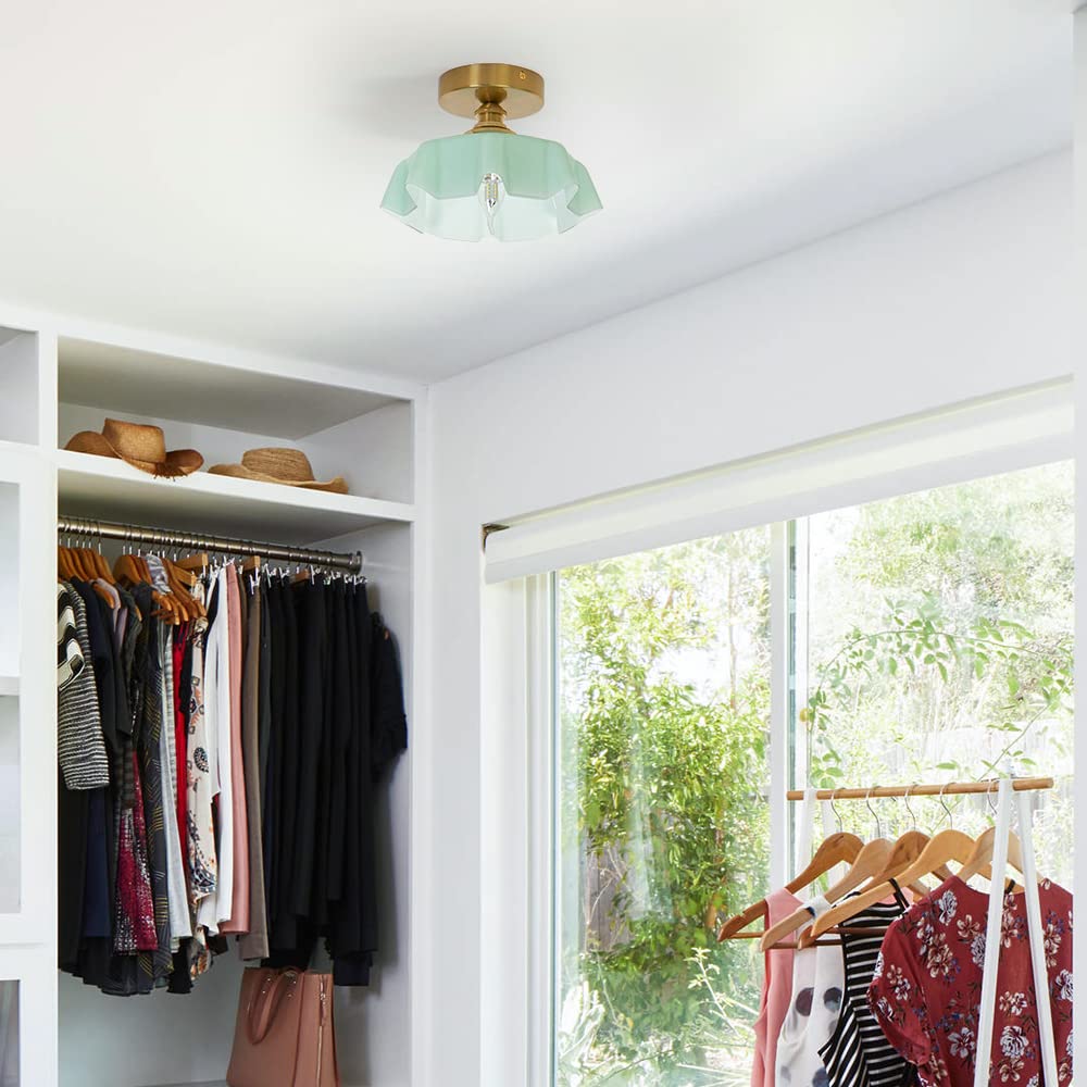 Dsmjfu Brass Semi Flush Mount Ceiling Light, Cute Small Green Glass Flush Mount Ceiling Light, Porch Ceiling Light Fixtures, Flo