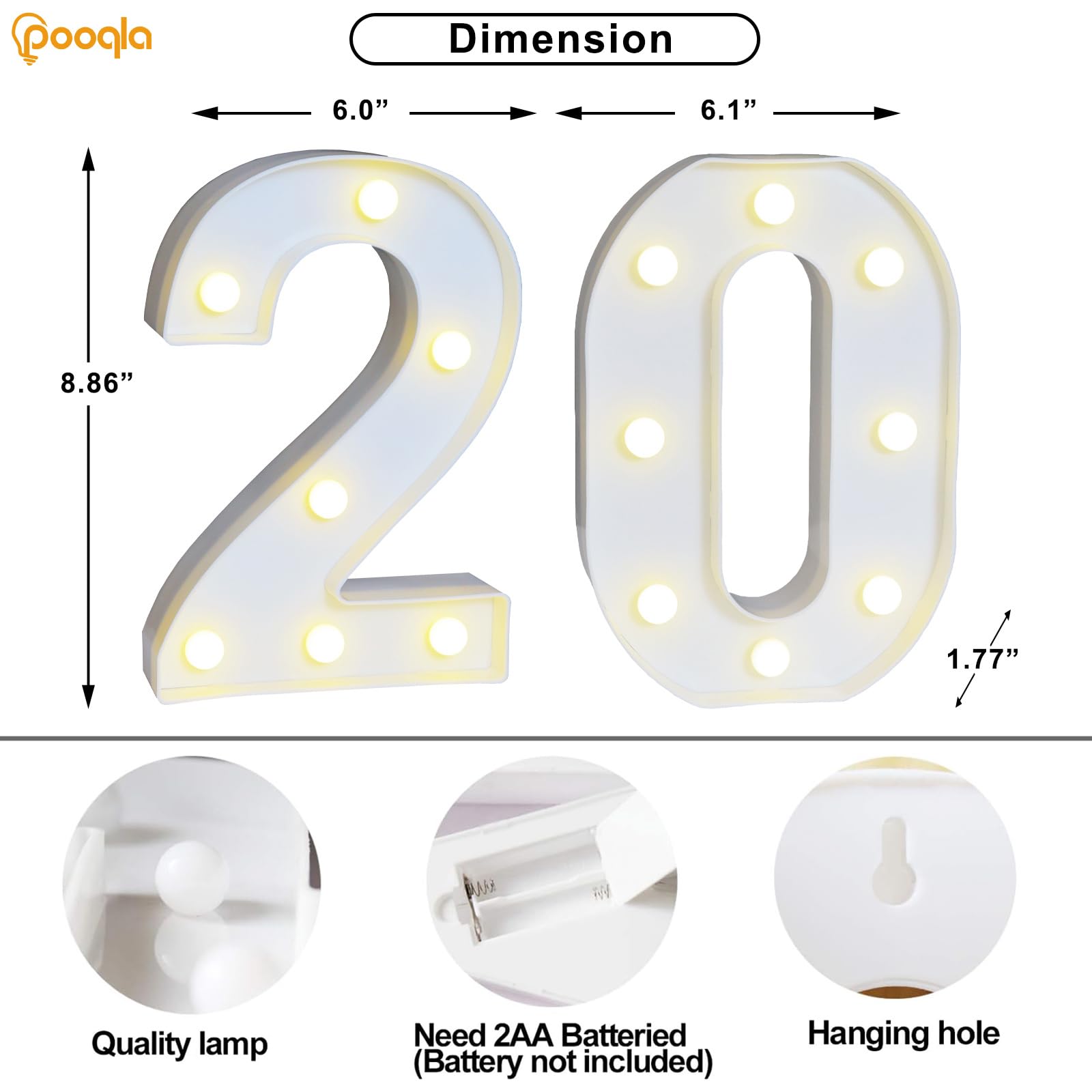 Pooqla LED Number 20 Sign for Birthday Decoration, Warm White & Cool White, Plastic, Model DENC-BP-01