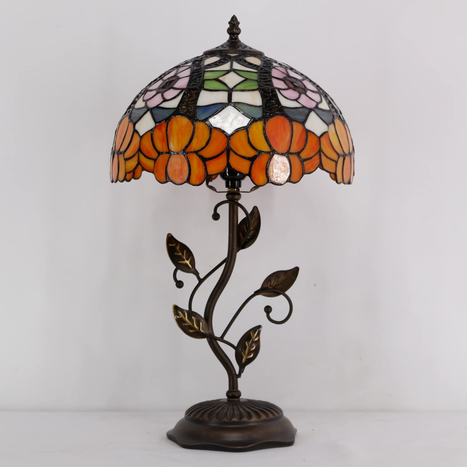Avivadirect Tiffany Lamp Orange Flower Stained Glass Table Lamp Desk Bedside Reading Light 12X12X19 Inches With Metal Leaf Base