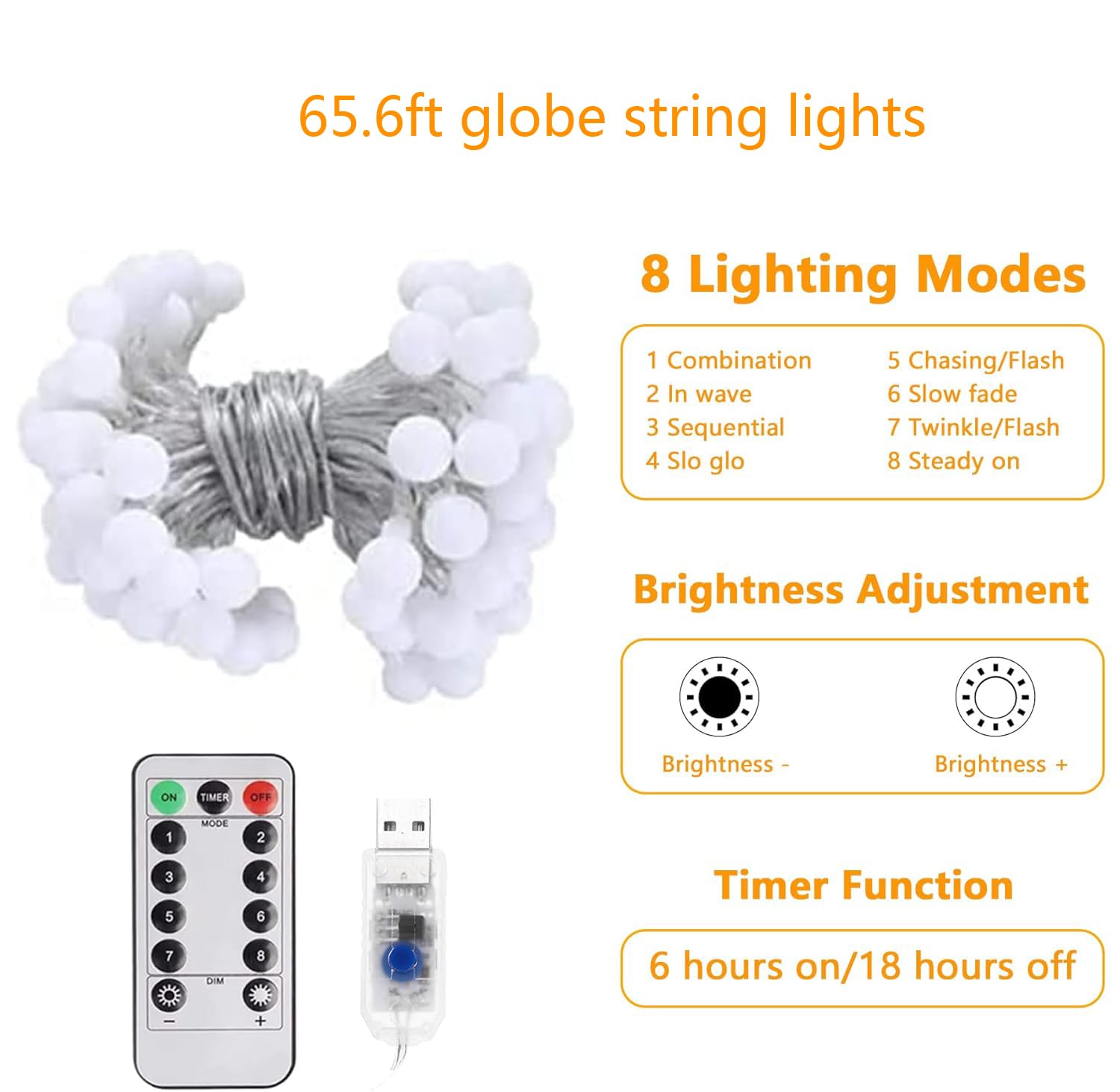Globe String Lights 65.6 Ft. 200 Led 8 Modes With Remote,Usb Fairy String Lights Plug In,Waterproof Led String Lights For Indoor